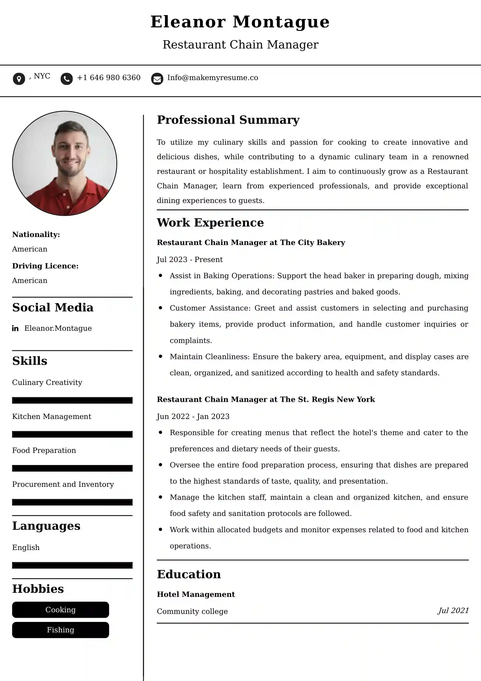 Restaurant Chain Manager Resume Examples - Brazilian Format, Latest Template