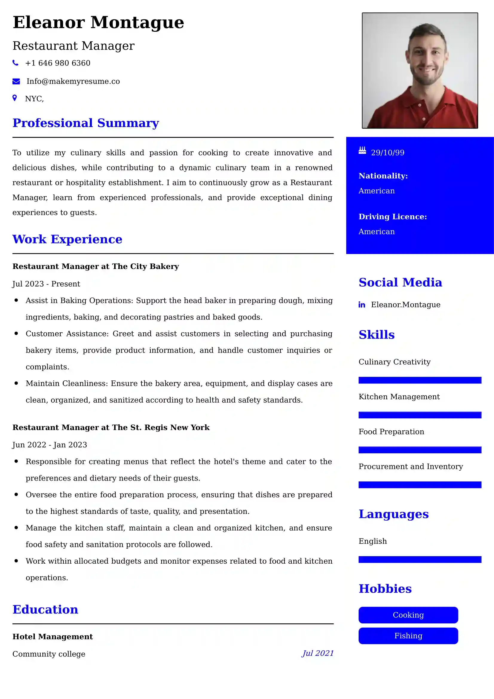 Restaurant Manager Resume Examples - Brazilian Format, Latest Template