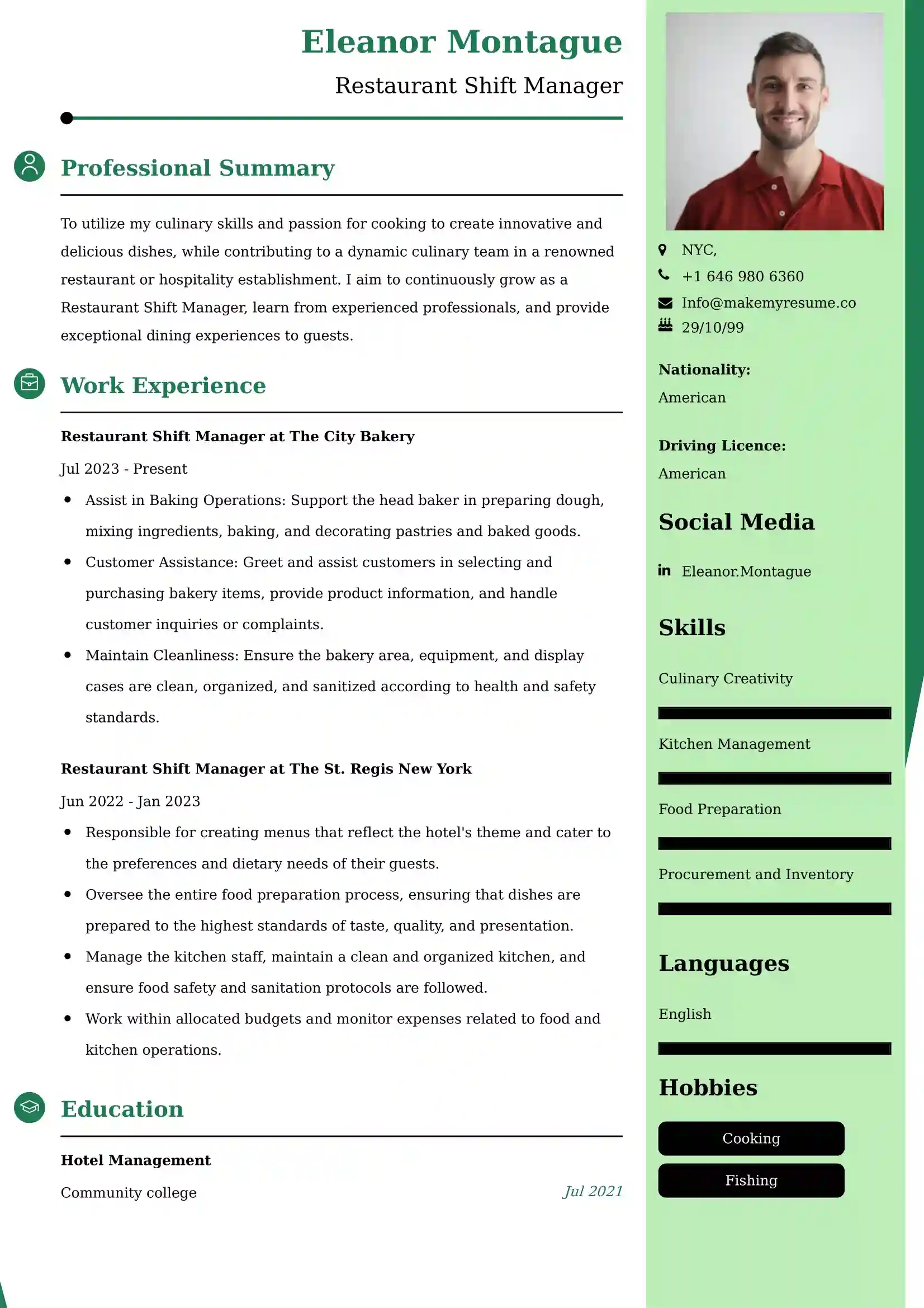 Restaurant Shift Manager Resume Examples - Brazilian Format, Latest Template