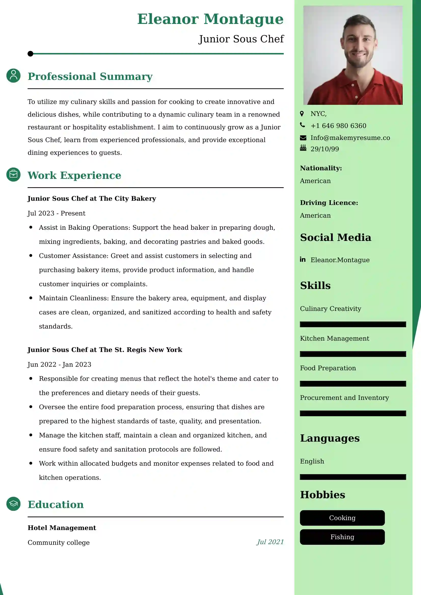 Junior Sous Chef Resume Examples - Brazilian Format, Latest Template