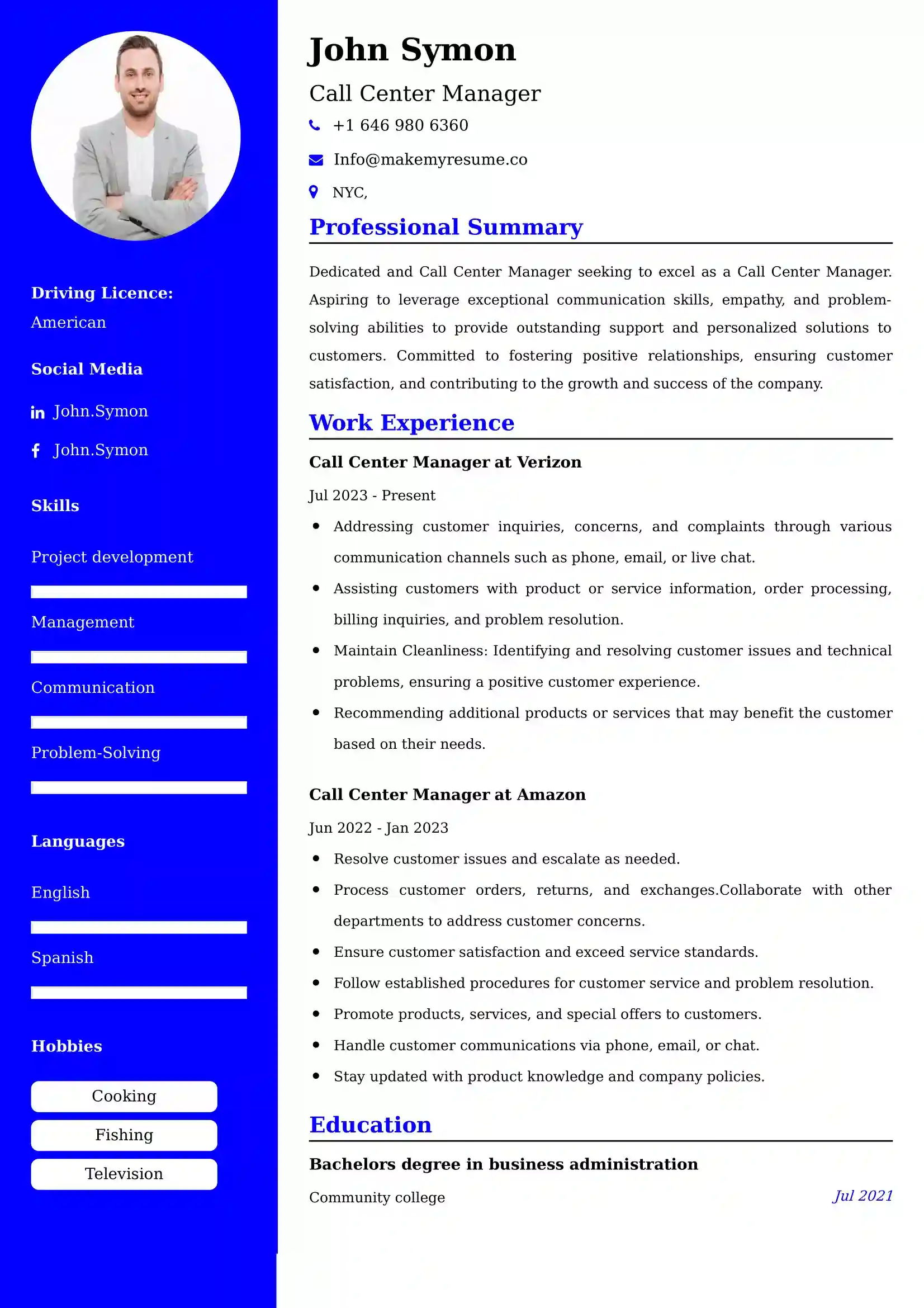 Call Center Manager Resume Examples - Brazilian Format, Latest Template