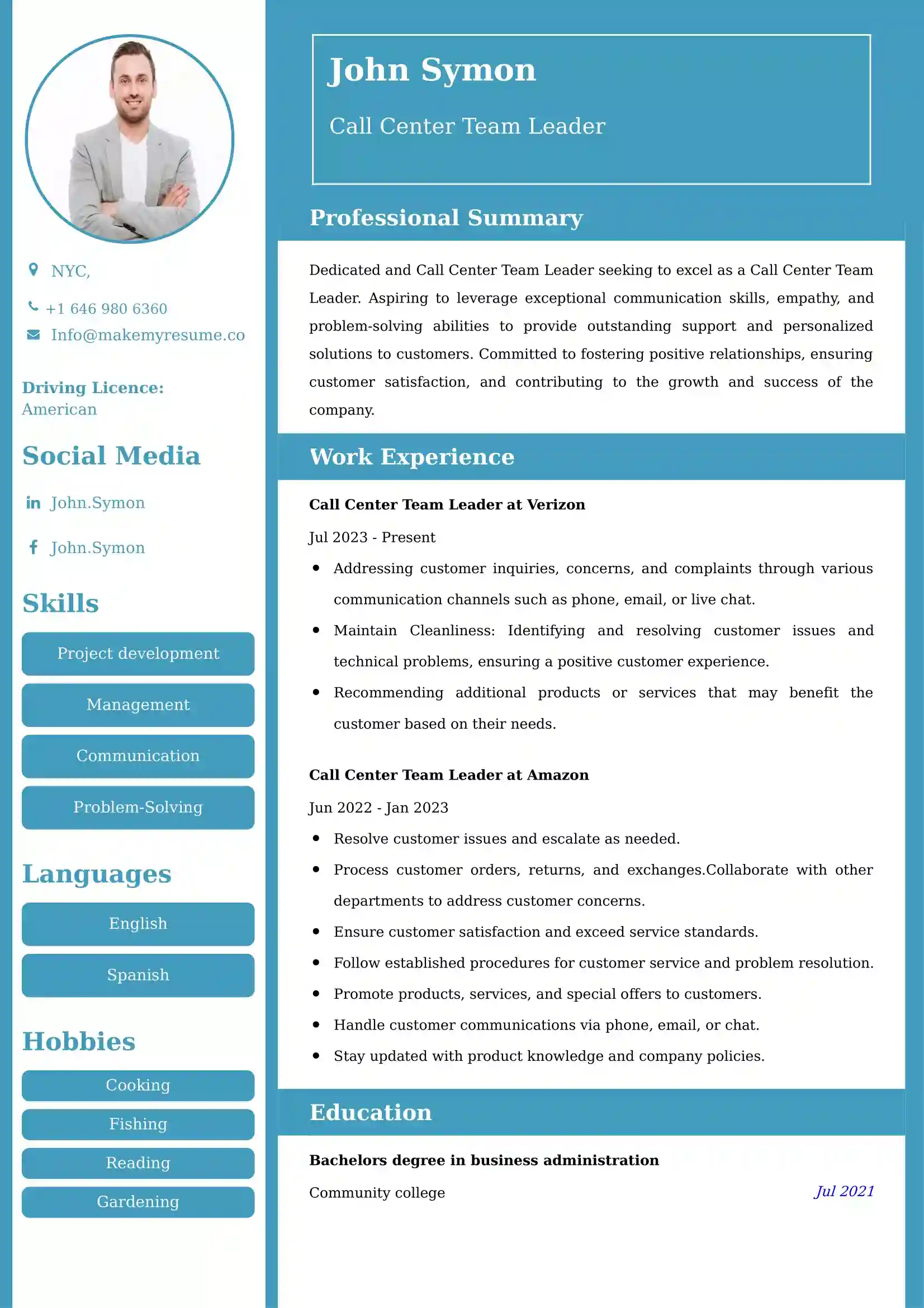Call Center Team Leader Resume Examples - Brazilian Format, Latest Template