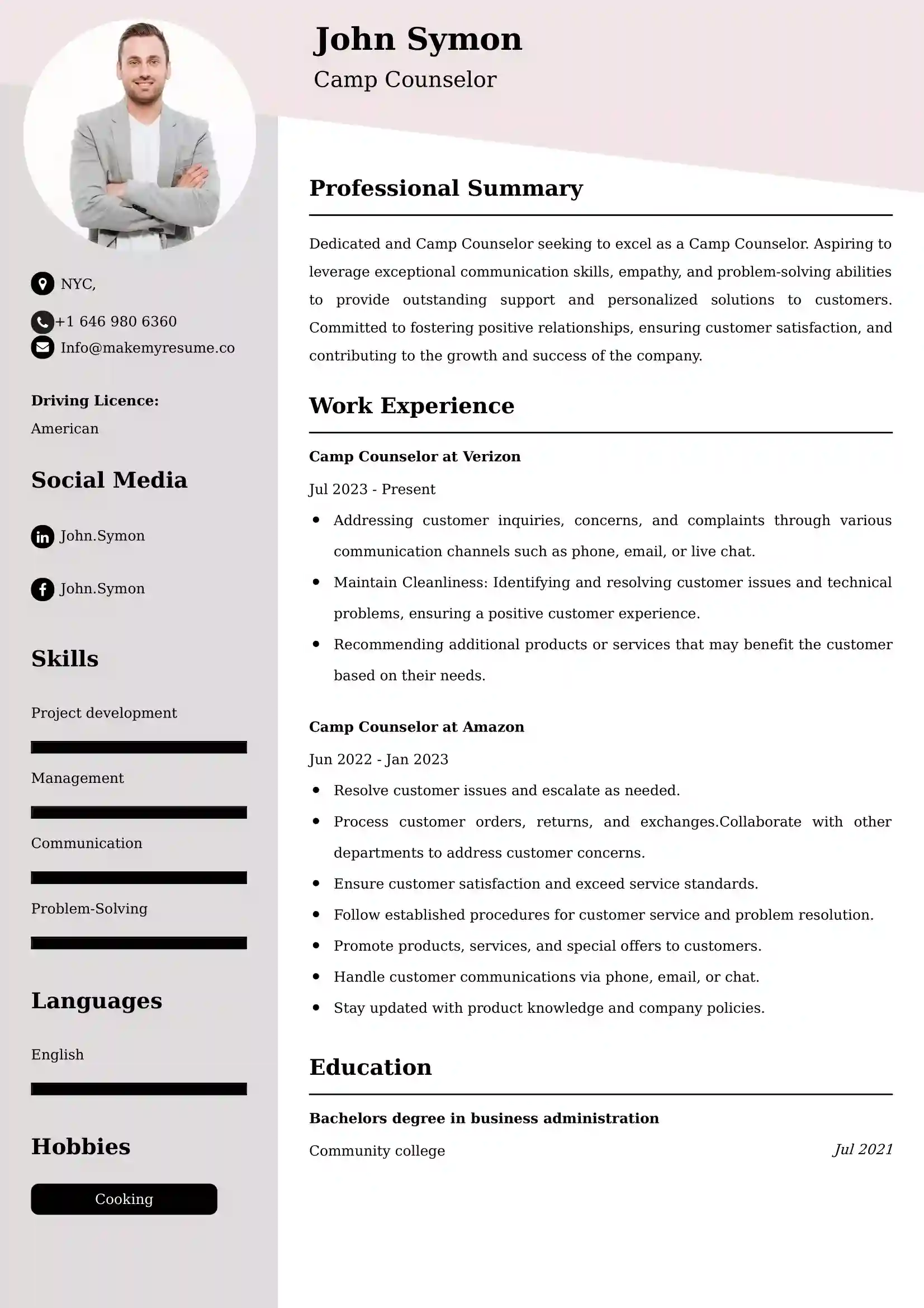 Camp Counselor Resume Examples - Brazilian Format, Latest Template