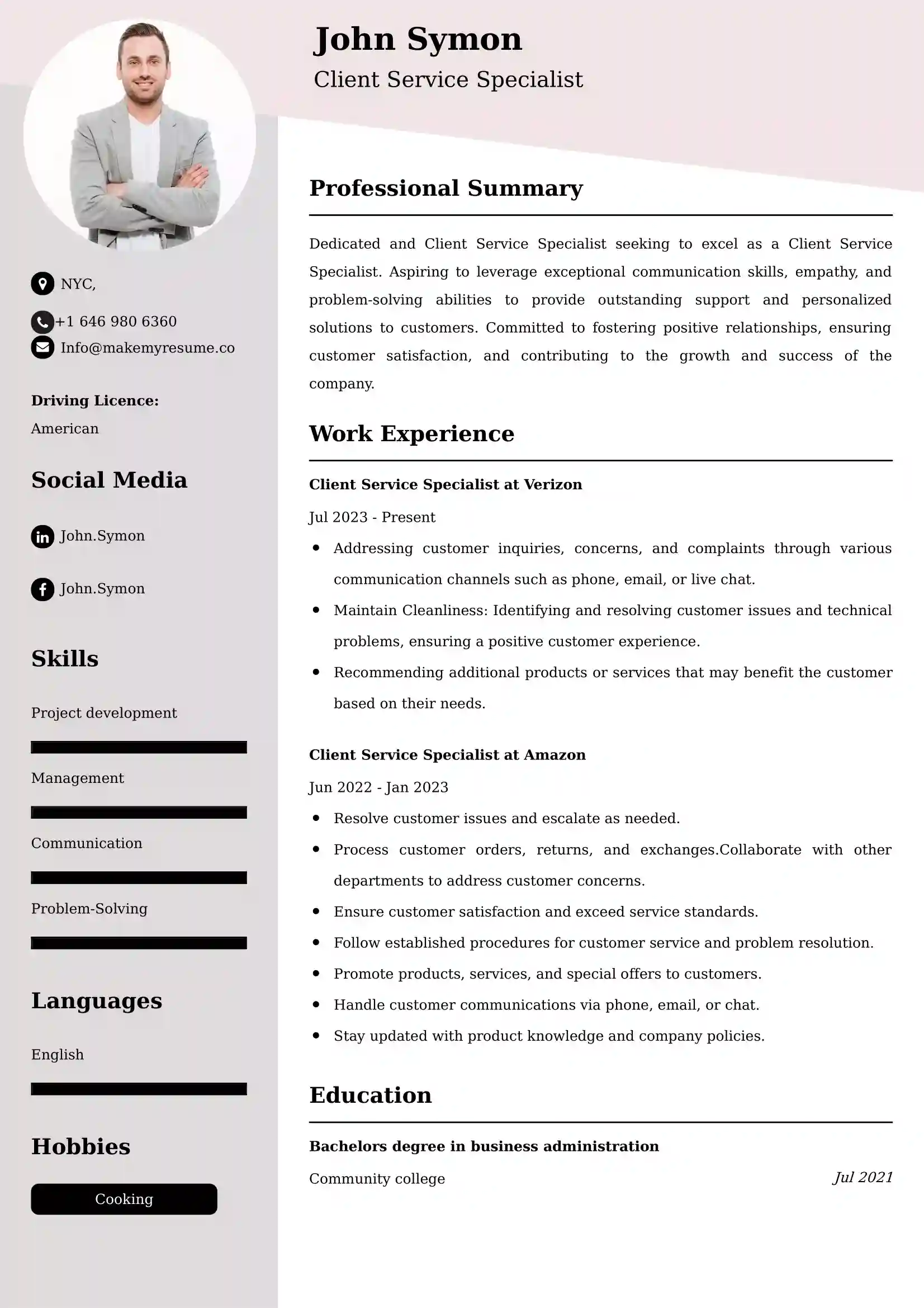 Client Service Specialist Resume Examples - Brazilian Format, Latest Template