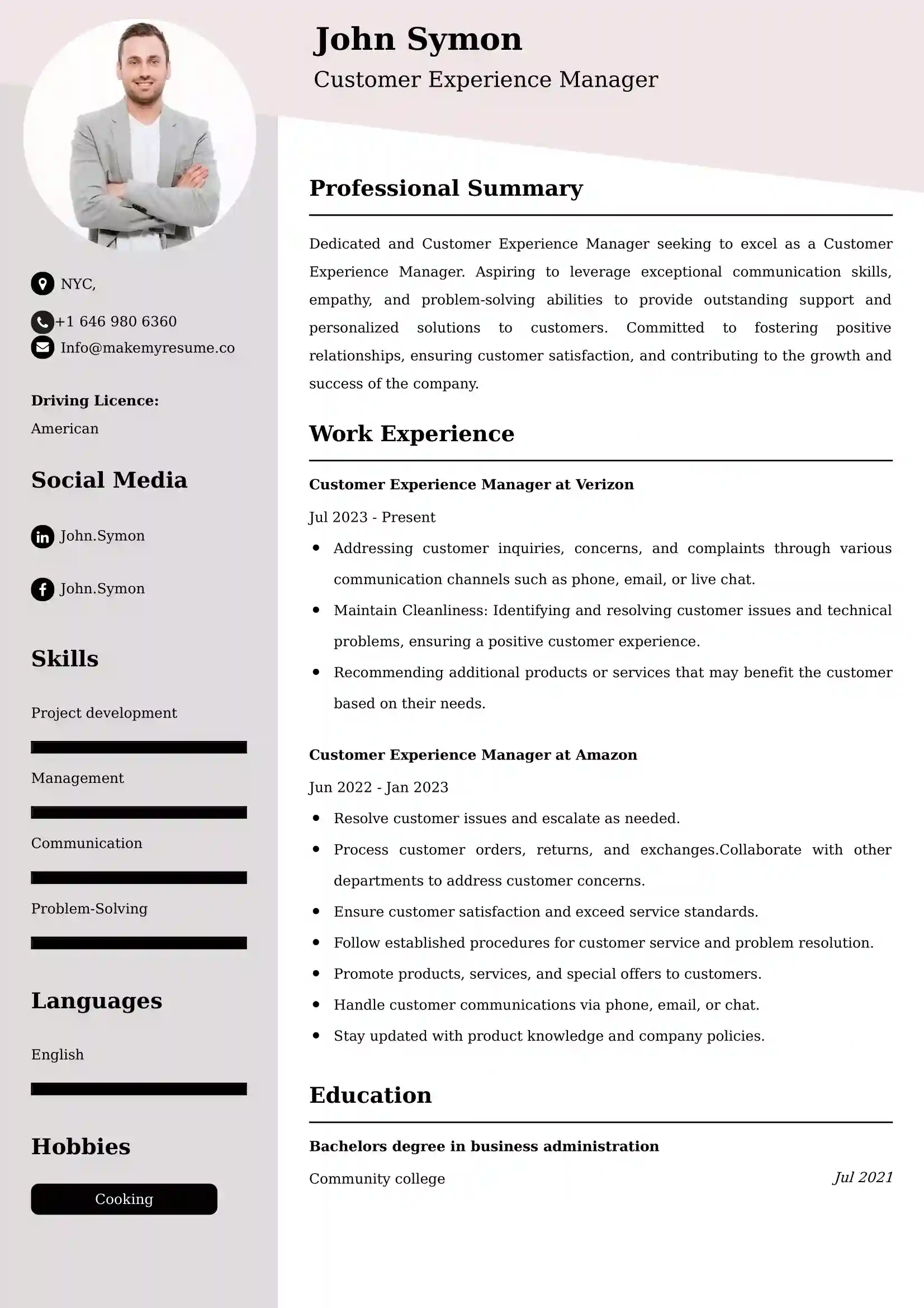 Customer Experience Manager Resume Examples - Brazilian Format, Latest Template