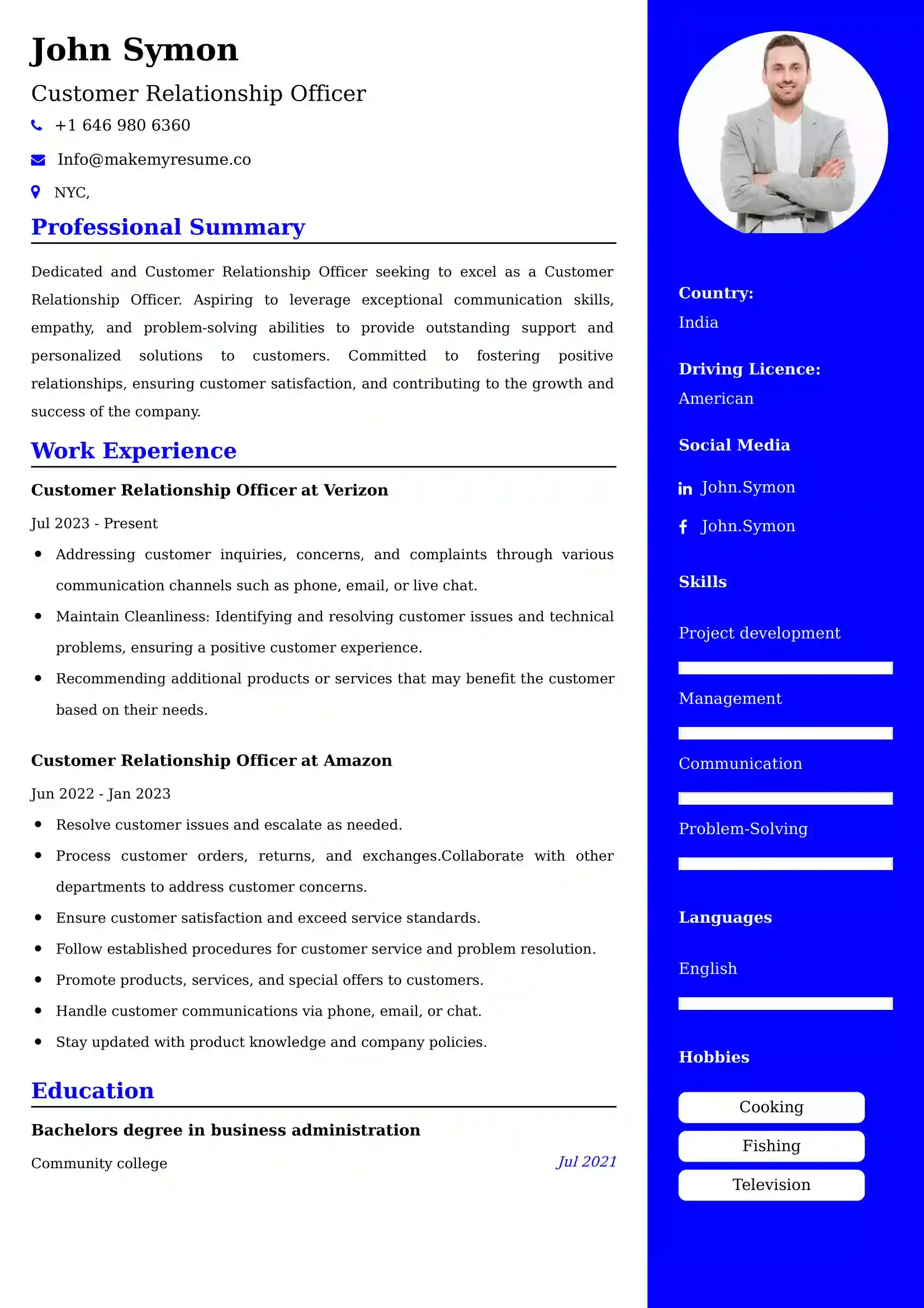 Customer Relationship Officer Resume Examples - Brazilian Format, Latest Template