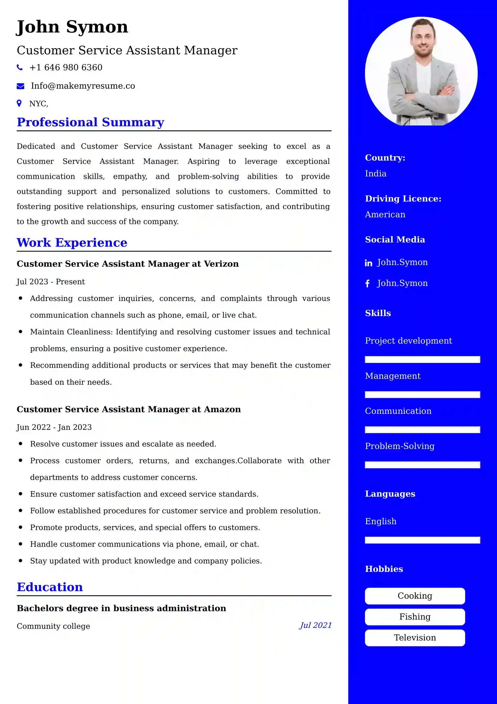 Customer Service Assistant Manager Resume Examples - Brazilian Format, Latest Template