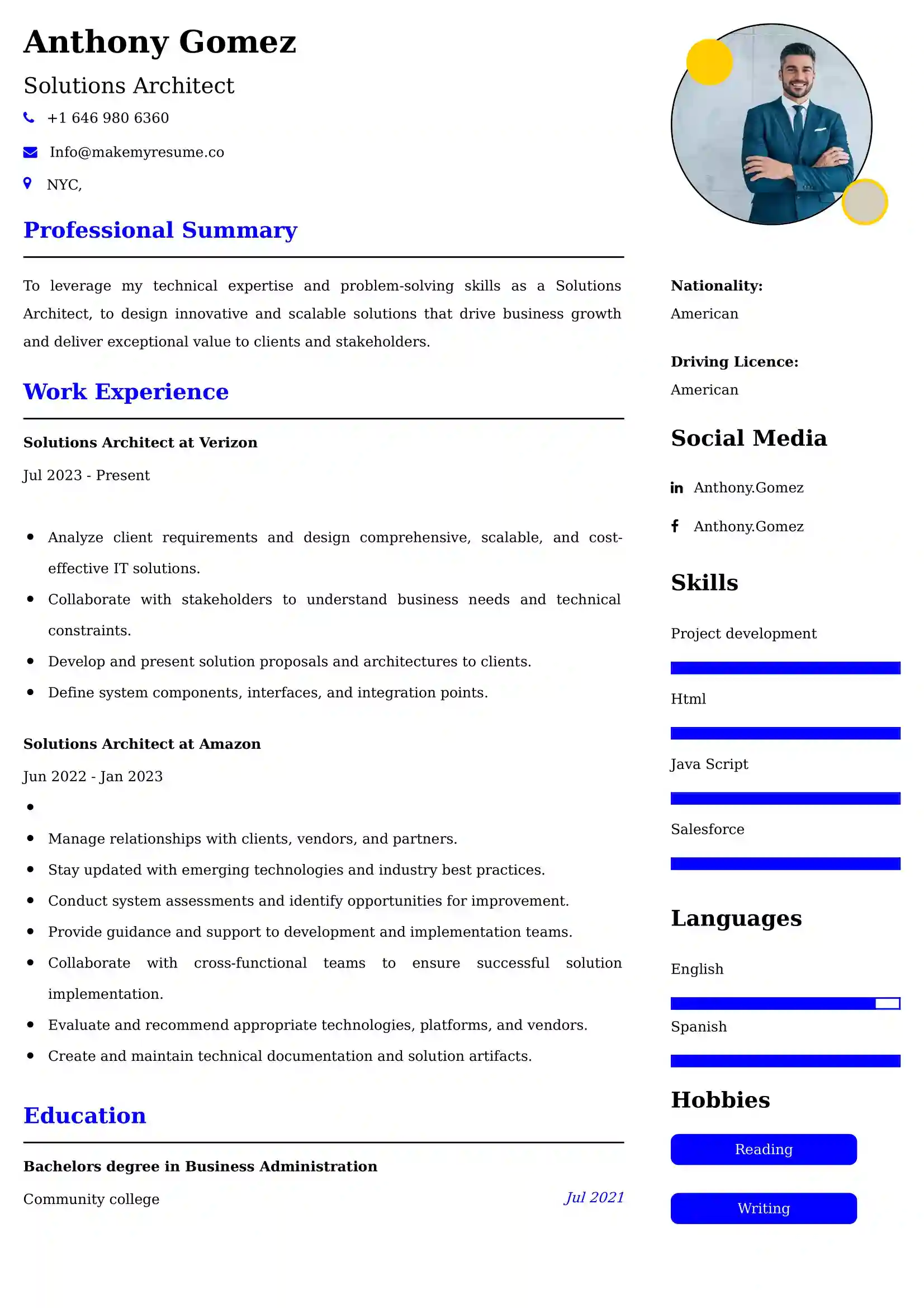 Solutions Architect Resume Examples - Brazilian Format, Latest Template