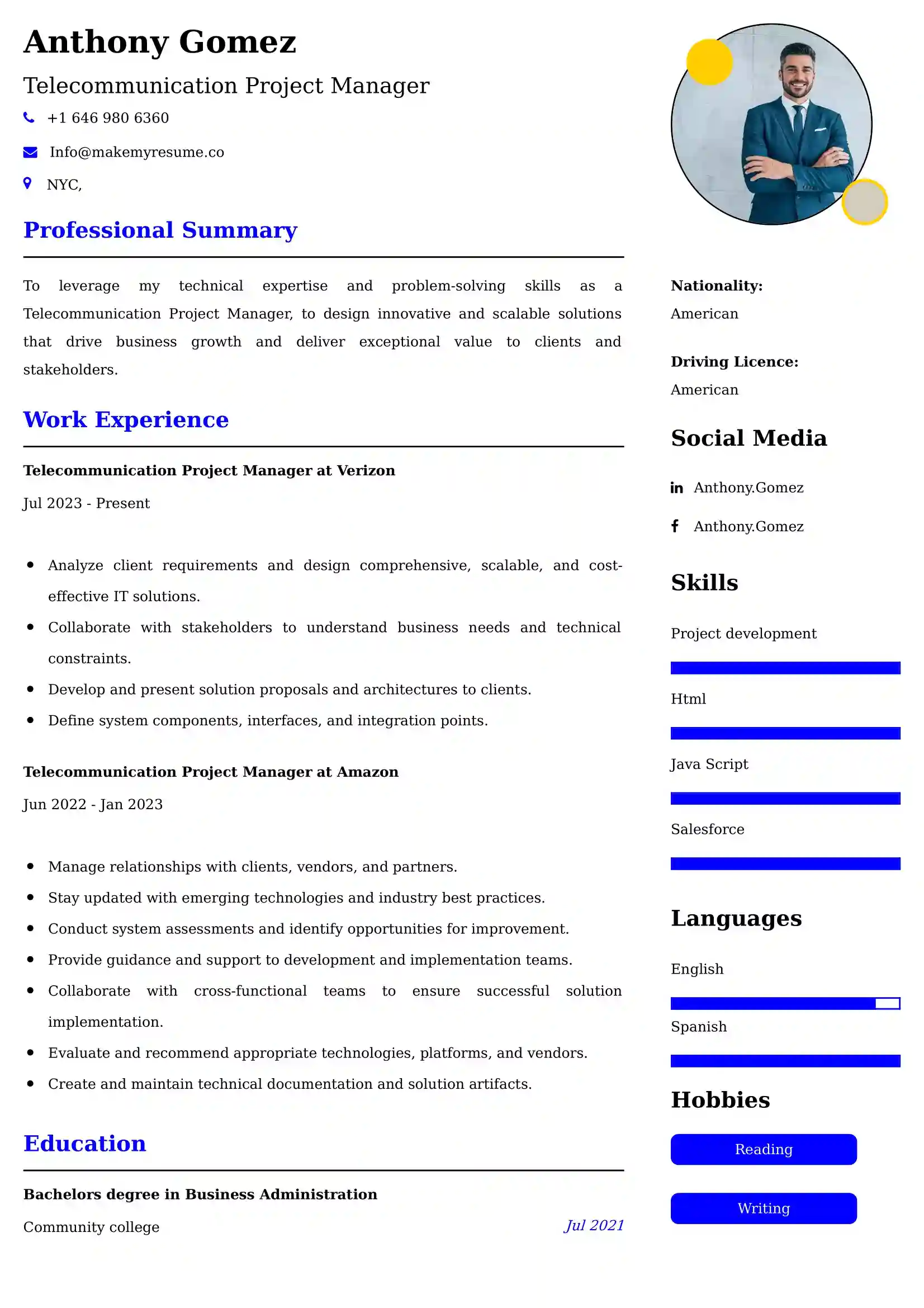 Telecommunication Project Manager Resume Examples - Brazilian Format, Latest Template