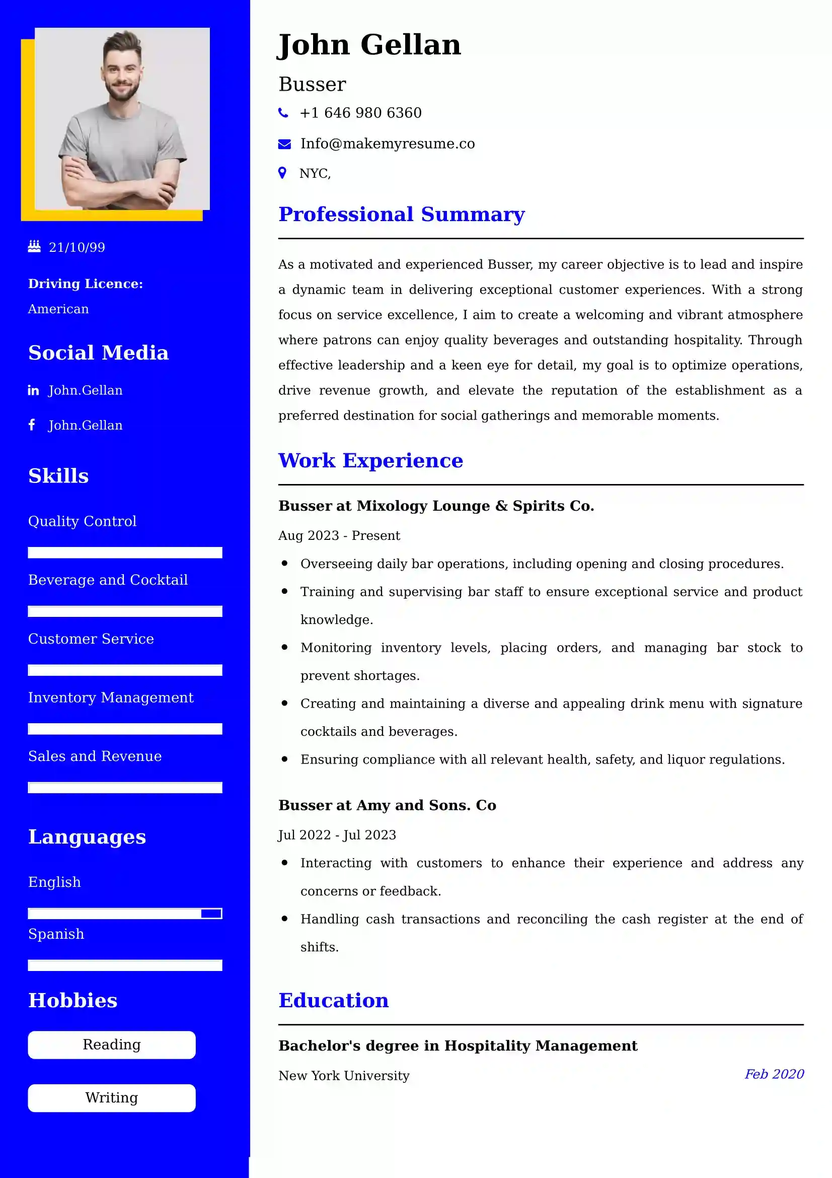 Busser Resume Examples - Brazilian Format, Latest Template