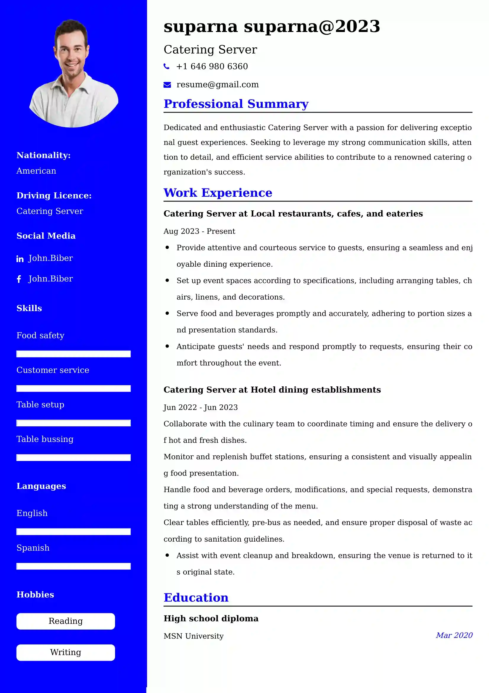 Catering Server Resume Examples - Brazilian Format, Latest Template