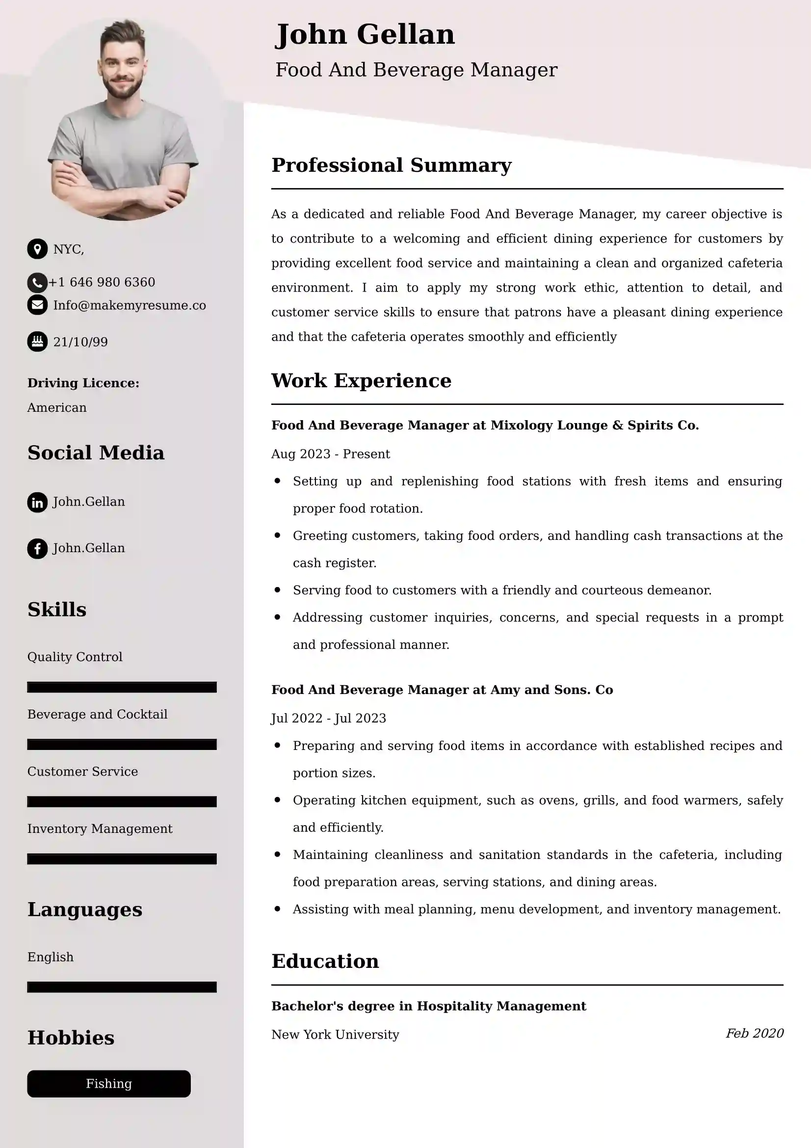 Food And Beverage Manager Resume Examples - Brazilian Format, Latest Template