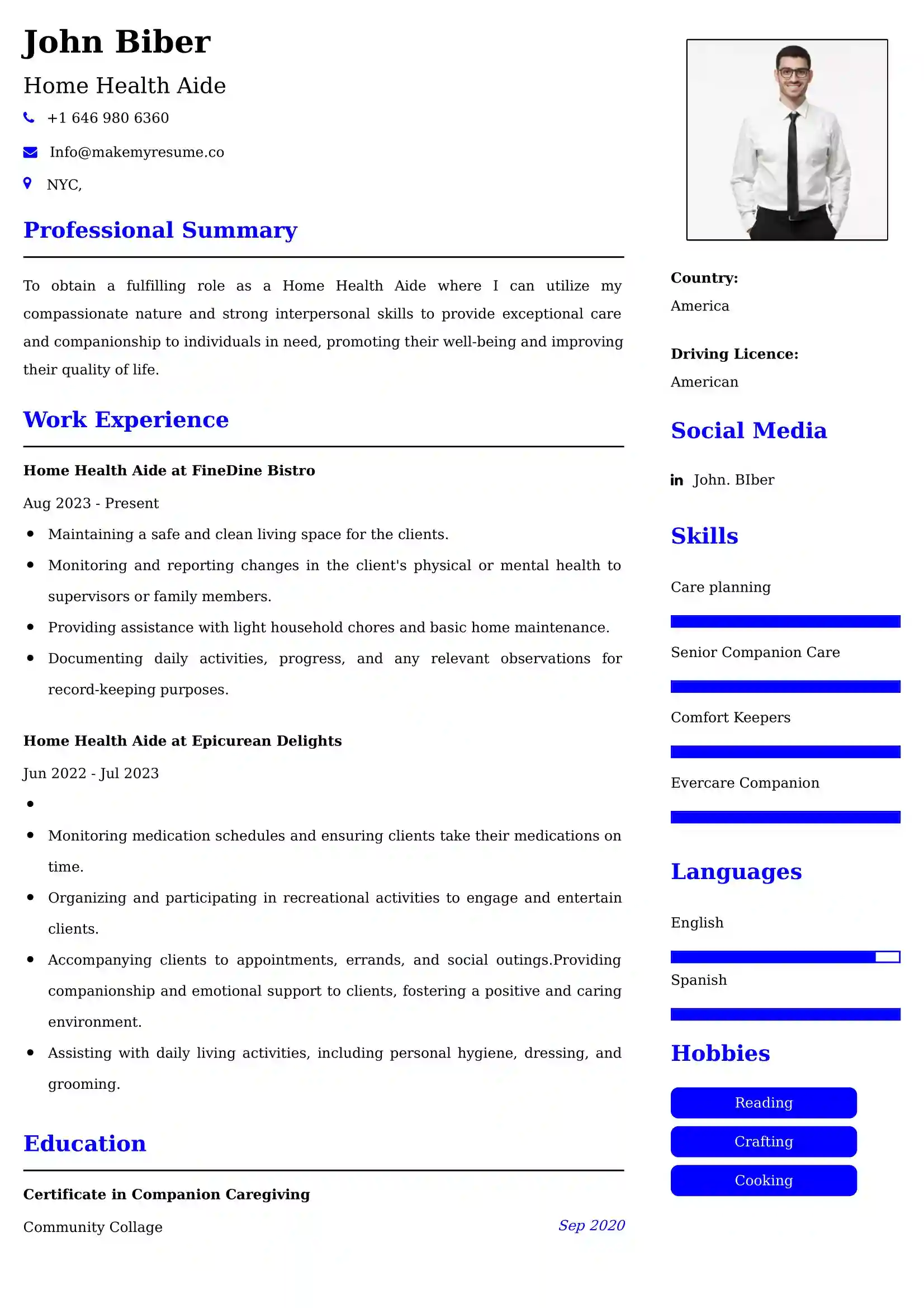 Home Health Aide Resume Examples - Brazilian Format, Latest Template