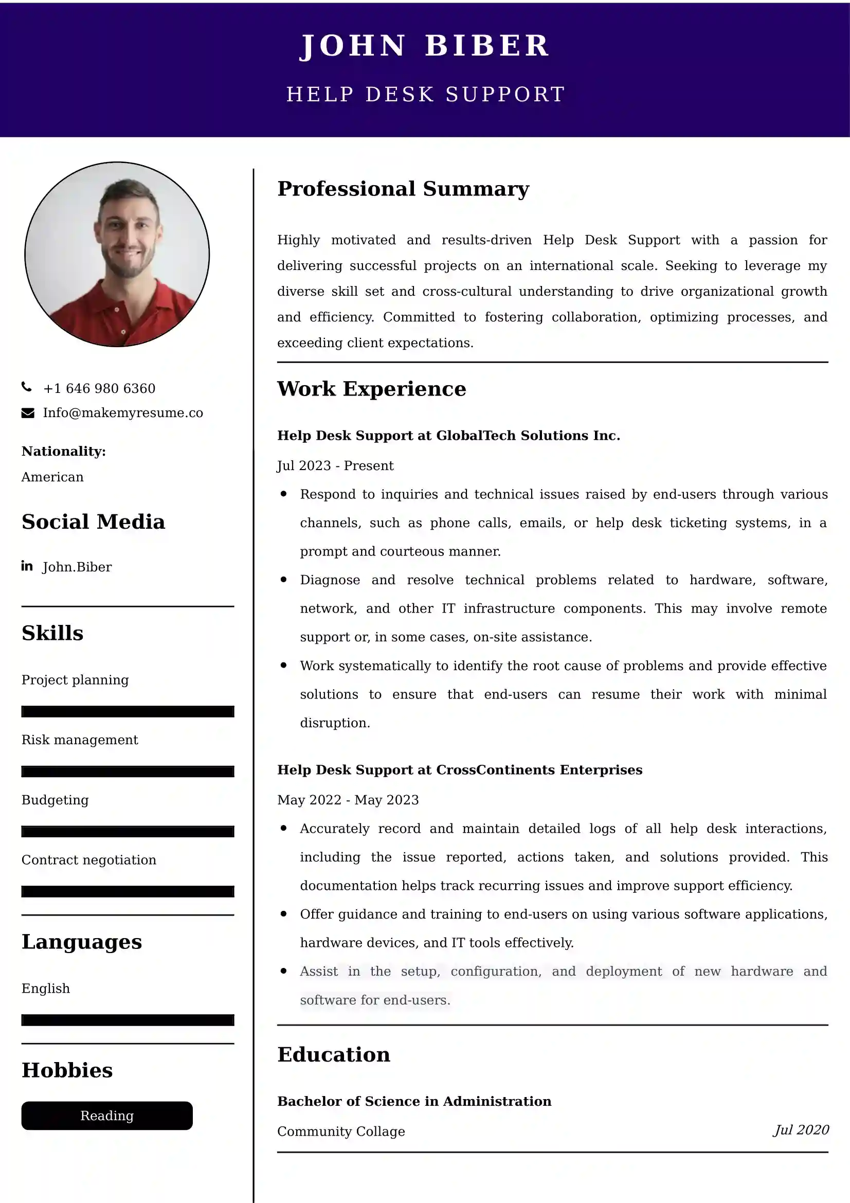 Help Desk Support Resume Examples - Brazilian Format, Latest Template