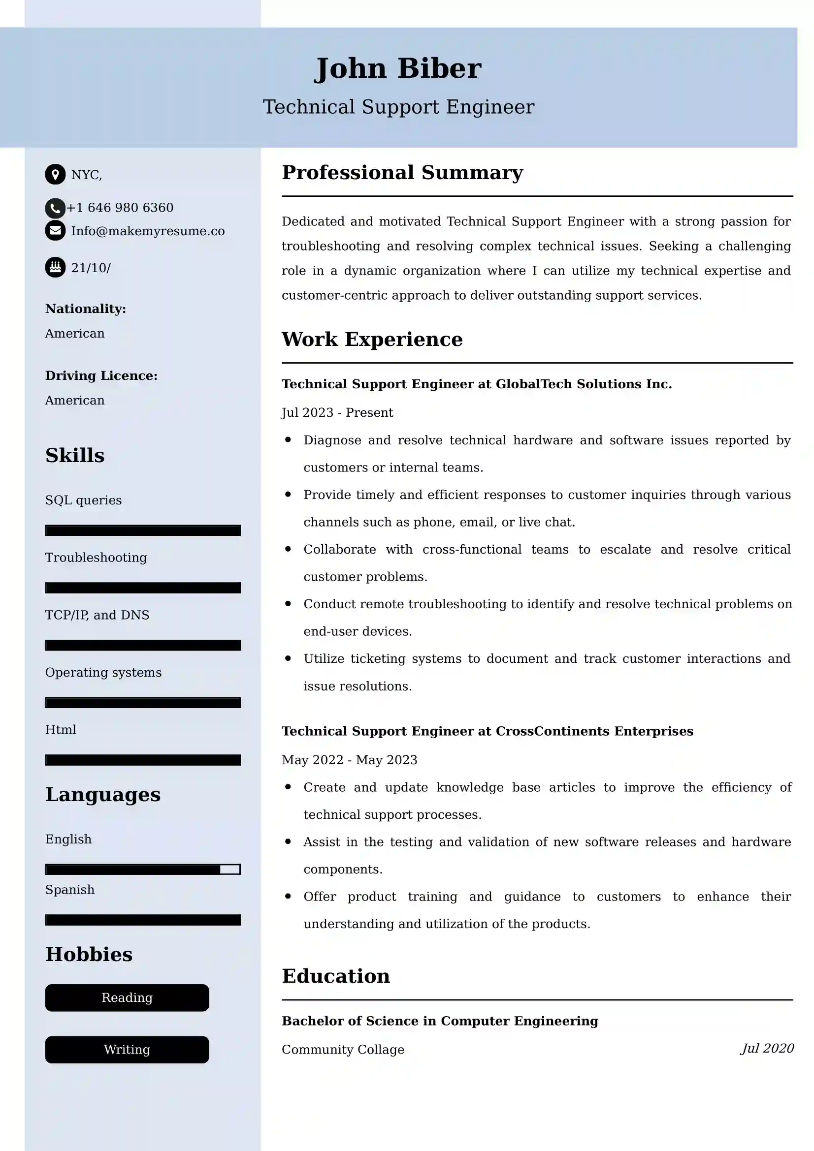 Technical Support Engineer Resume Examples - Brazilian Format, Latest Template