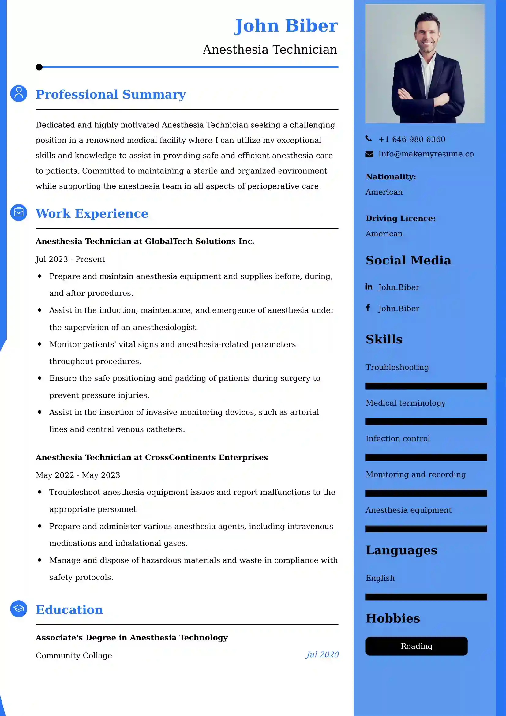 Anesthesia Technician Resume Examples - Brazilian Format, Latest Template