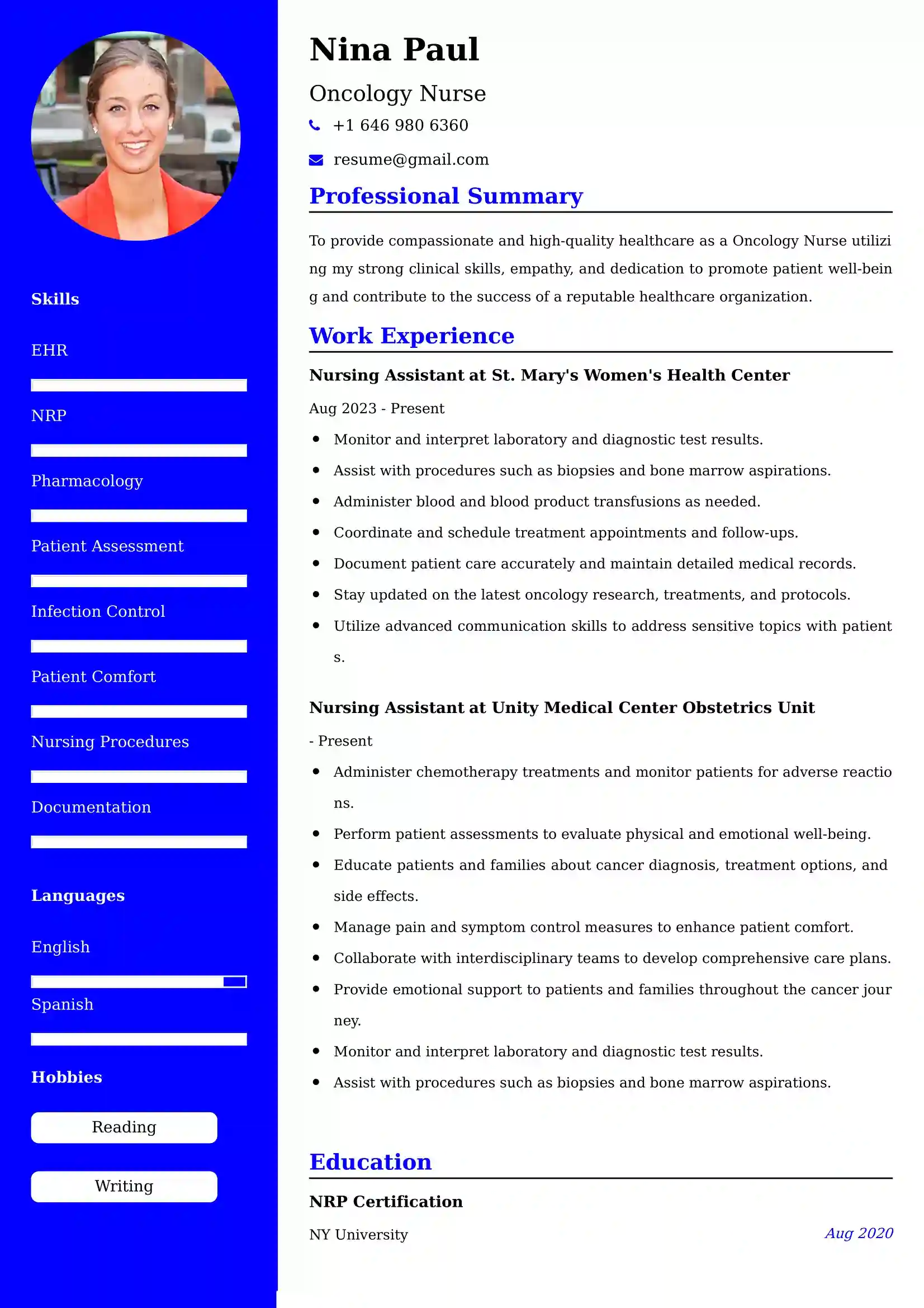 Oncology Nurse Resume Examples - Brazilian Format, Latest Template