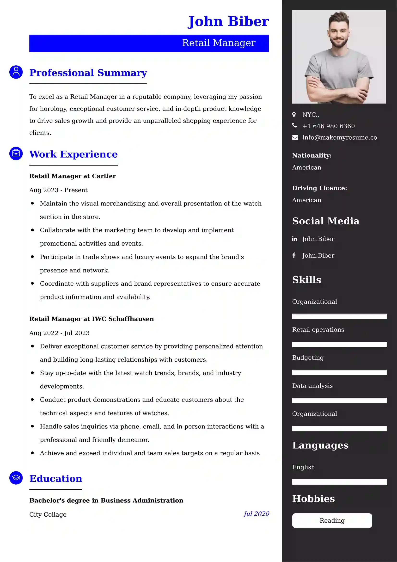 Retail Assistant Manager Resume Examples - Brazilian Format, Latest Template