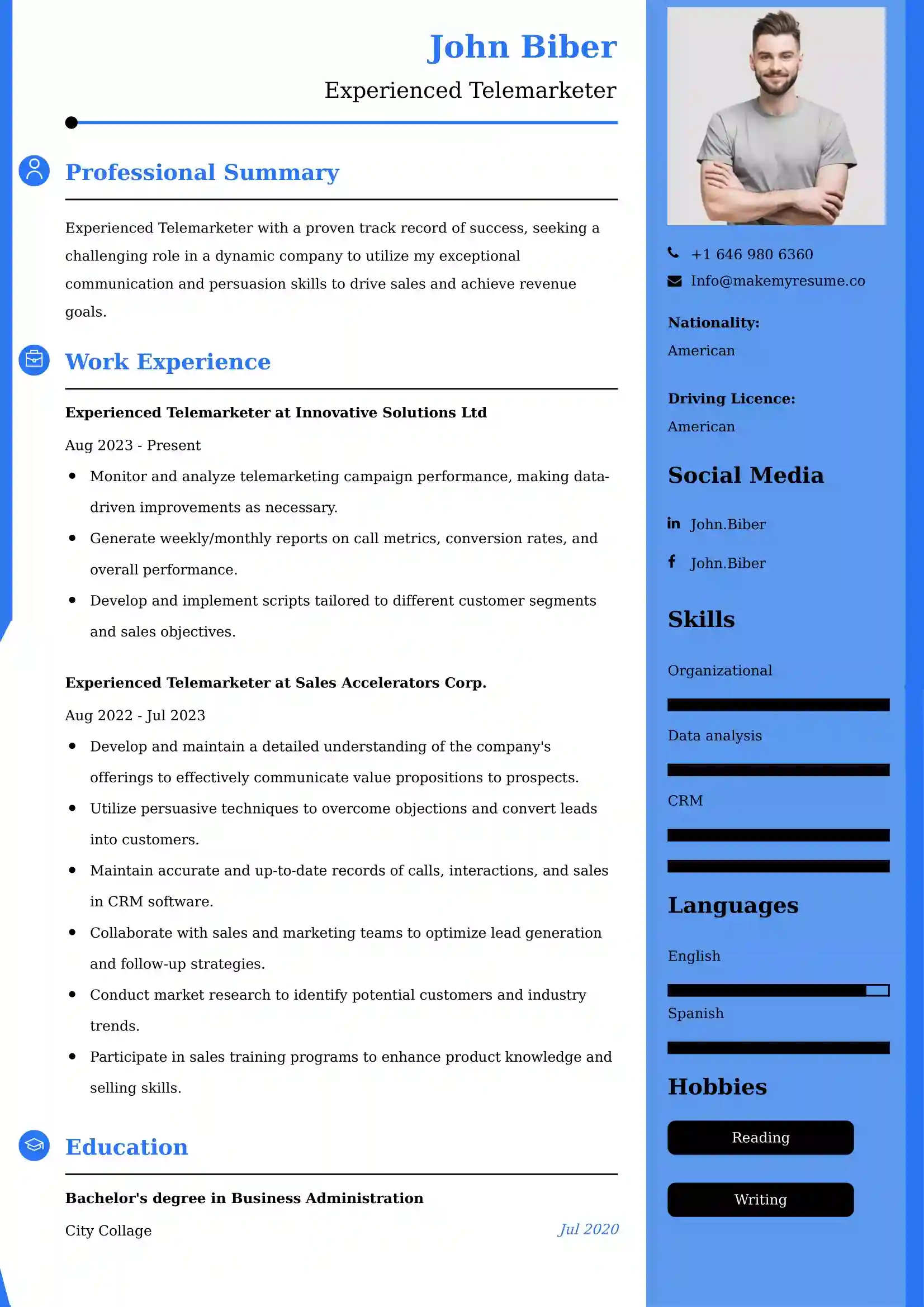 Experienced Telemarketer Resume Examples - Brazilian Format, Latest Template