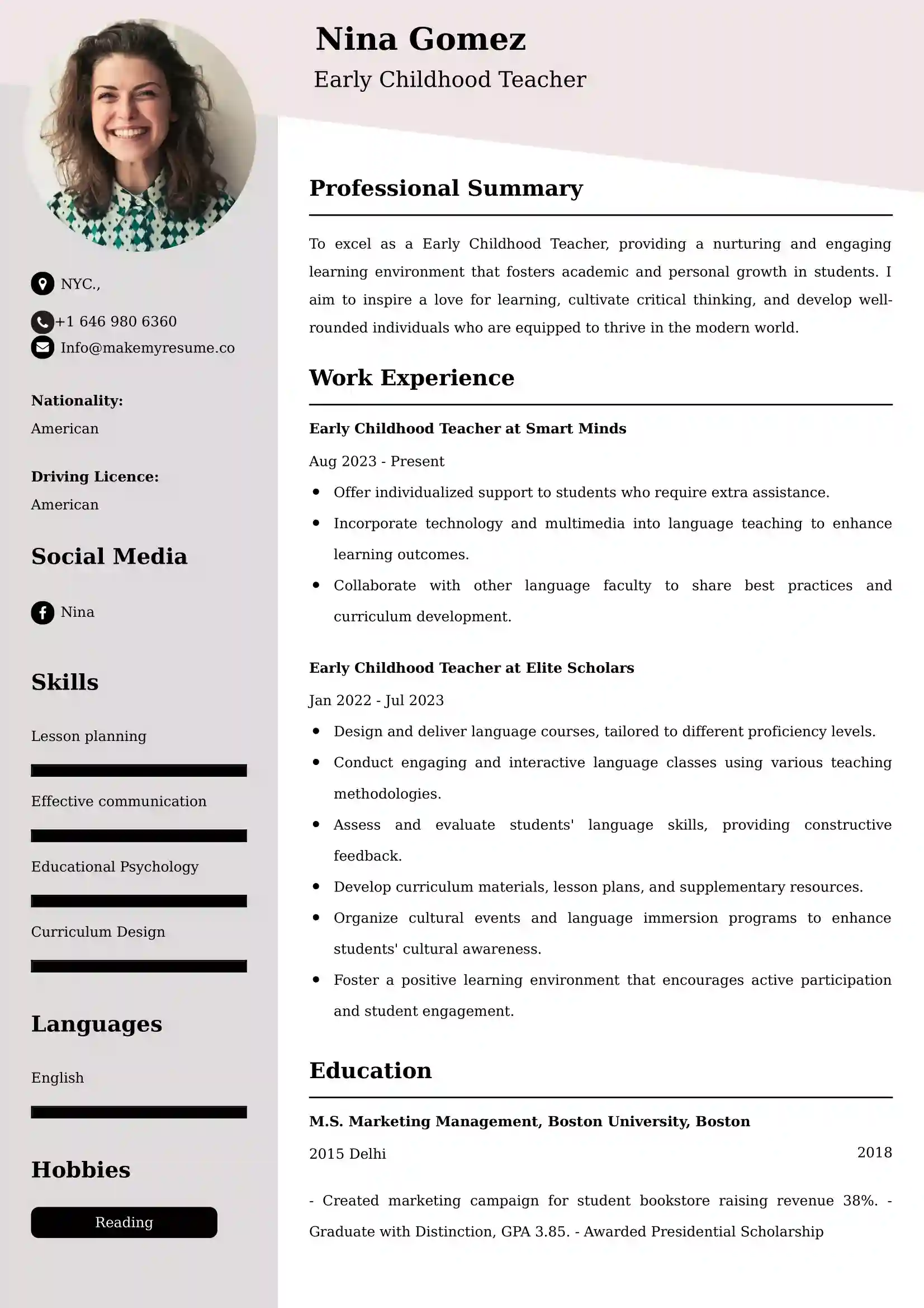 Early Childhood Teacher Resume Examples - Brazilian Format, Latest Template