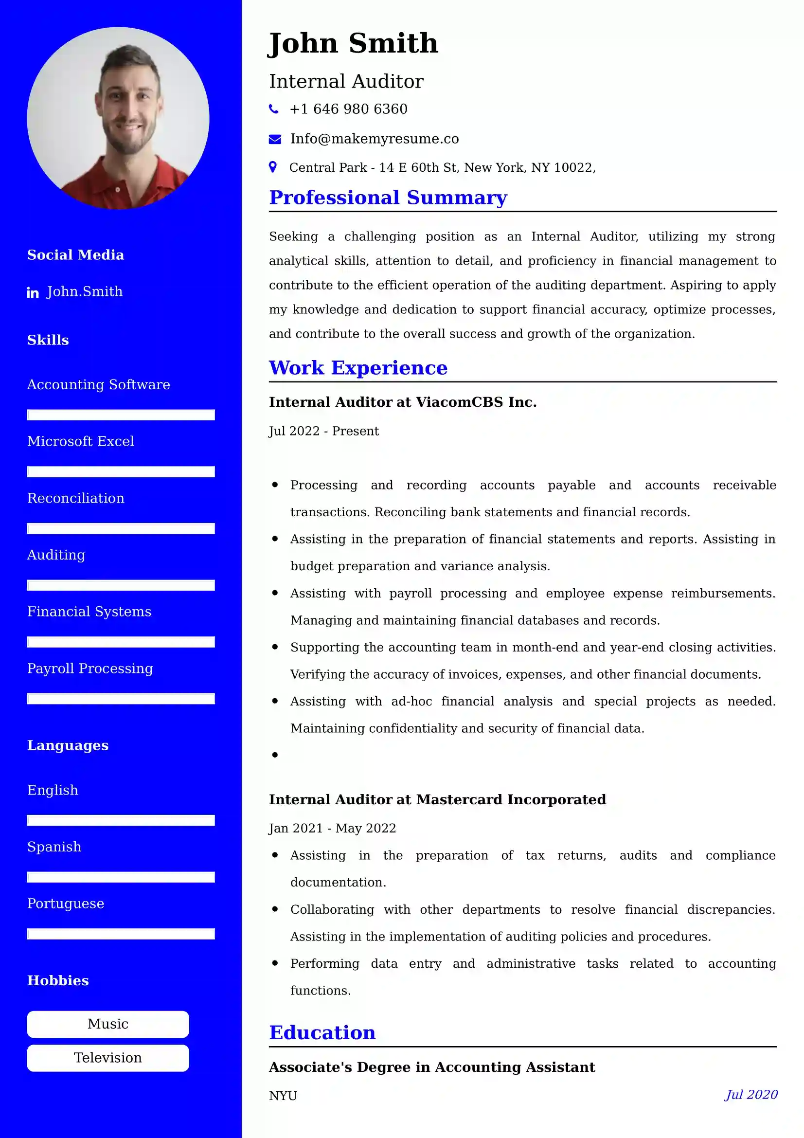 Internal Auditor Resume Examples - Brazilian Format, Latest Template