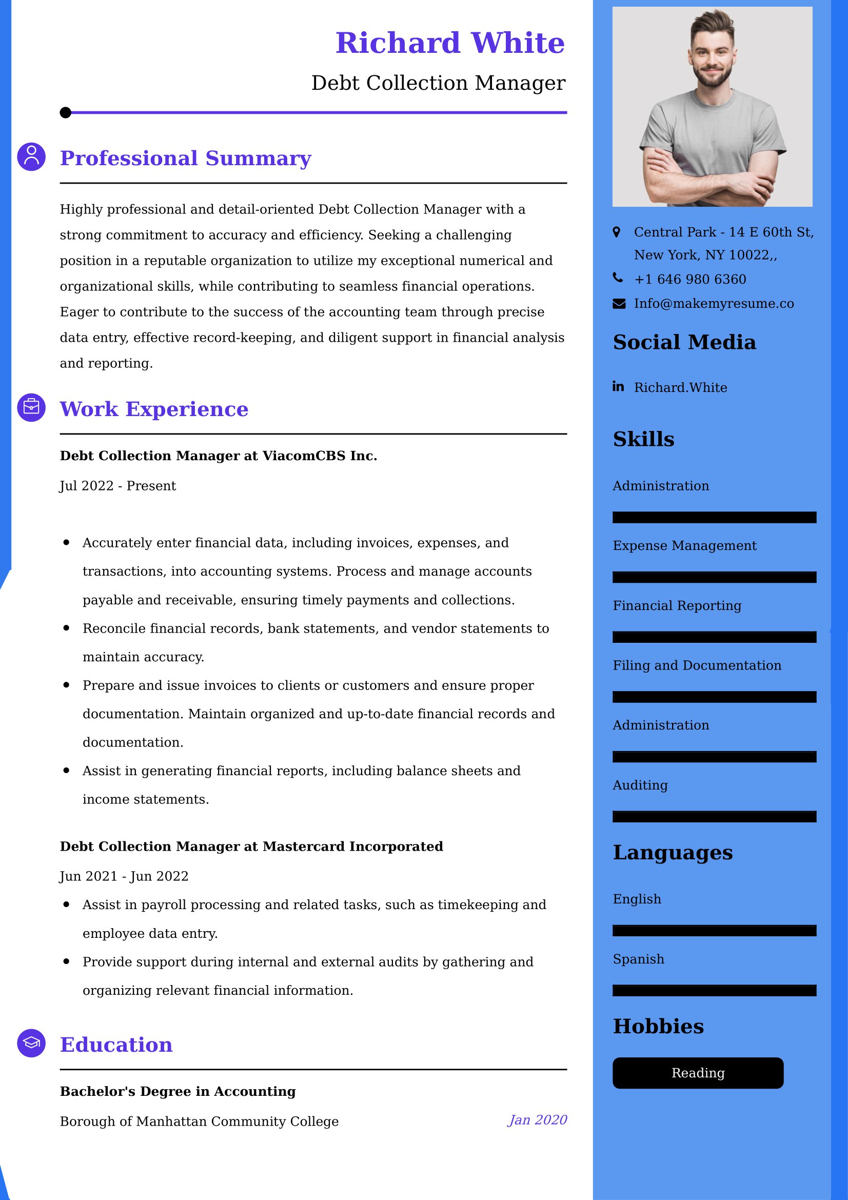 Debt Collection Manager Resume Examples - Brazilian Format, Latest Template