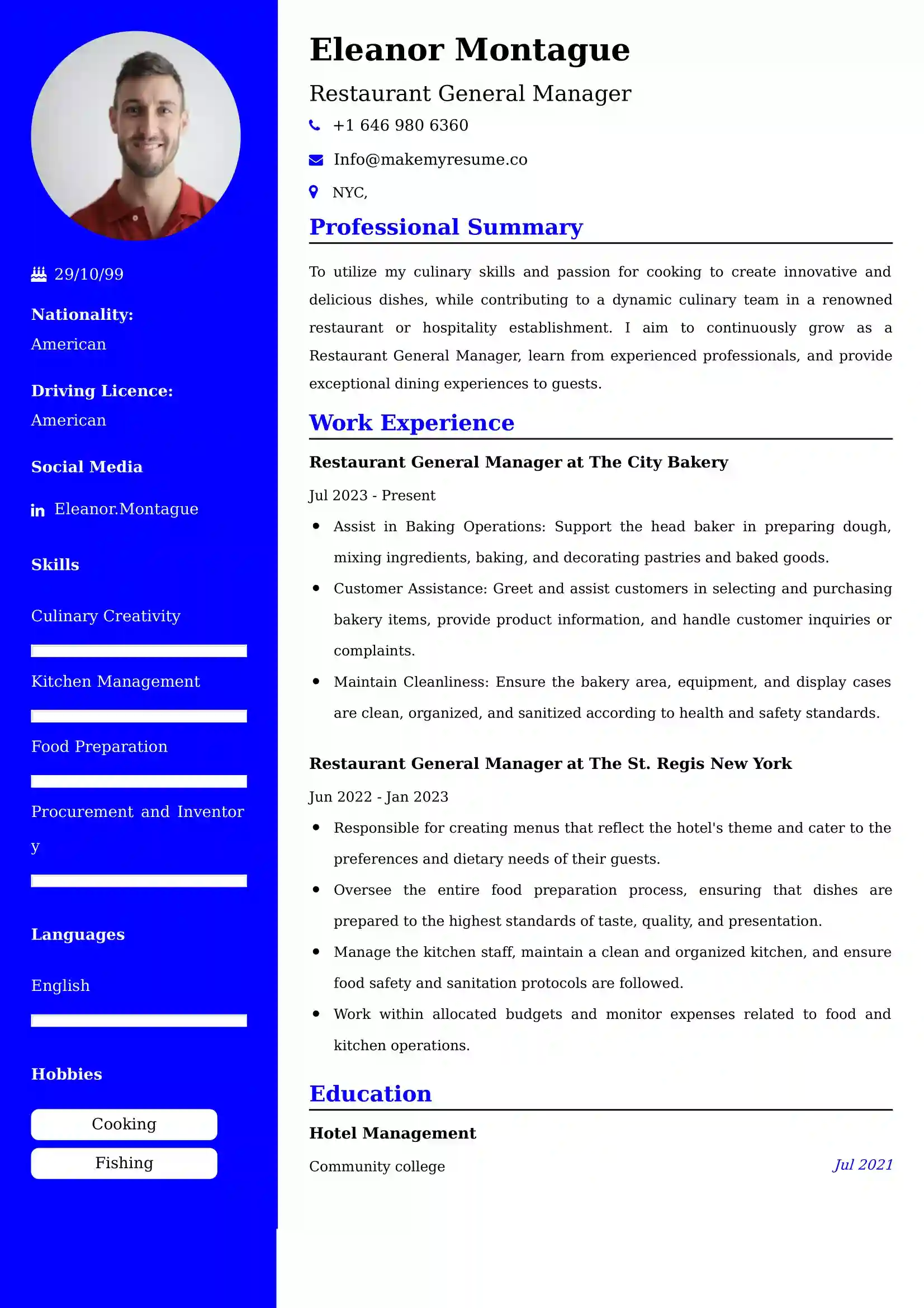 Restaurant General Manager Resume Examples - Brazilian Format, Latest Template