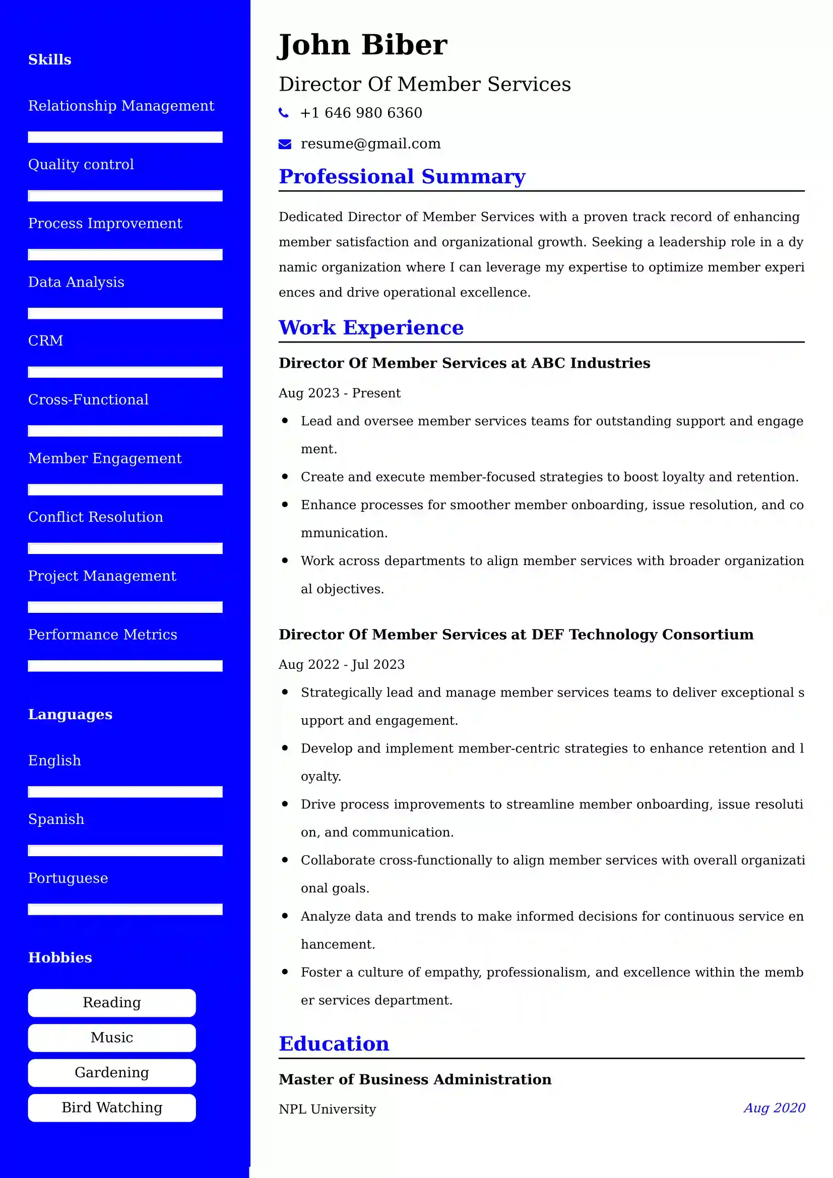 Director Of Member Services Resume Examples - Brazilian Format, Latest Template