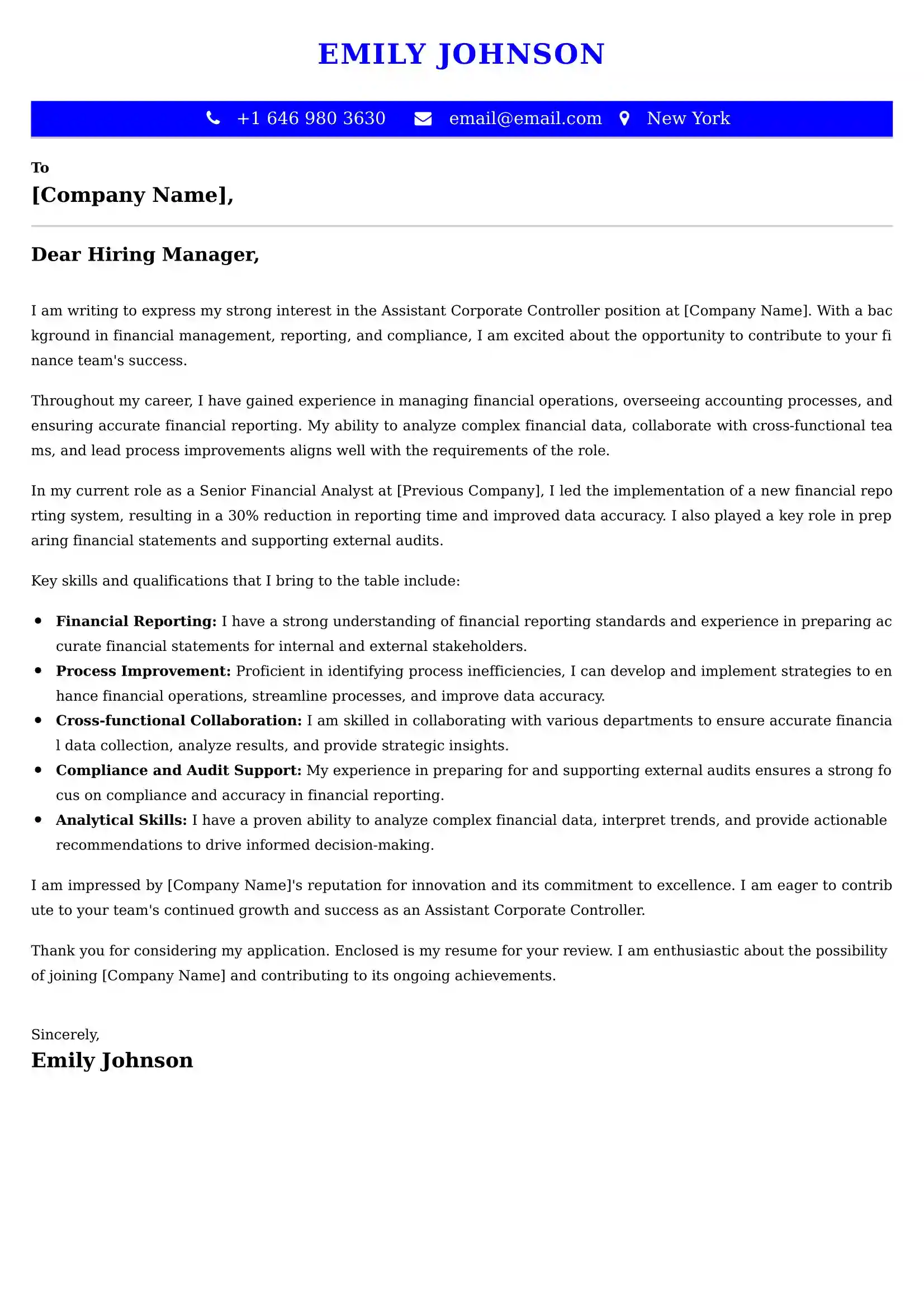 Assistant Corporate Controller Cover Letter Examples -Latest Brazilian Templates