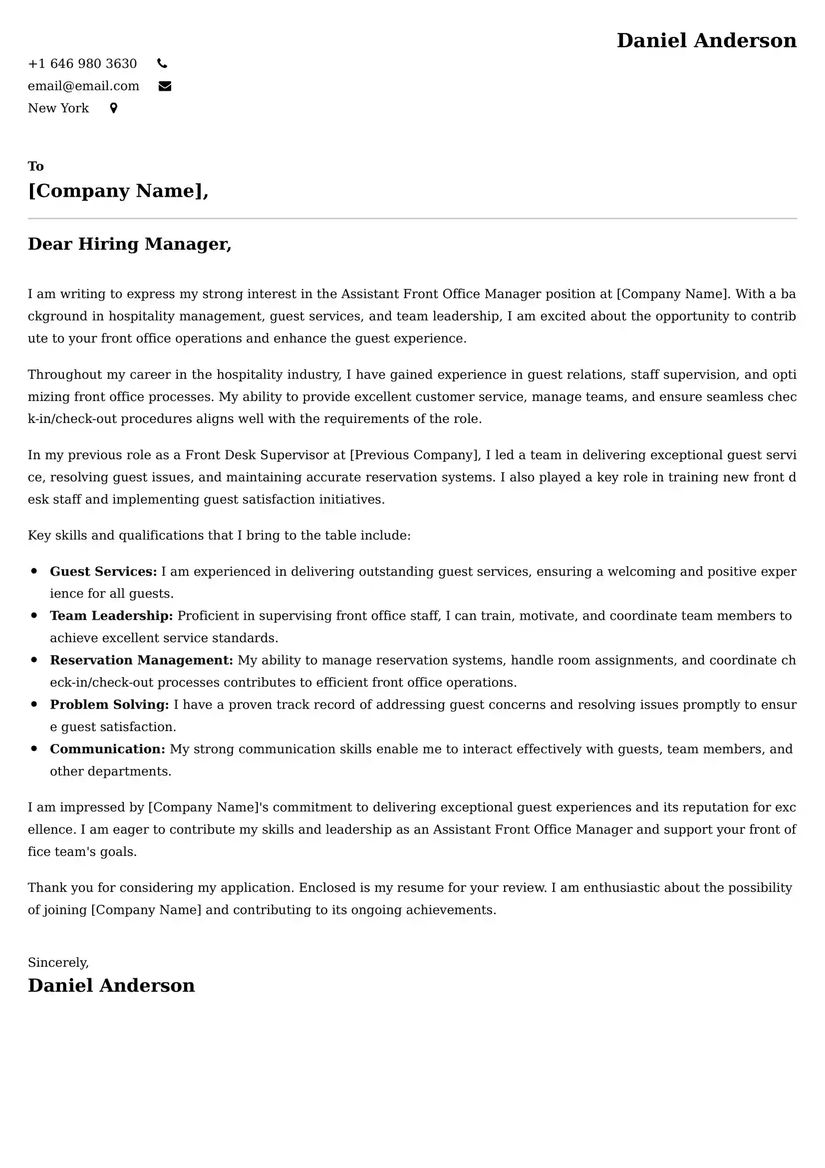 Assistant Front Office Manager Cover Letter Examples -Latest Brazilian Templates