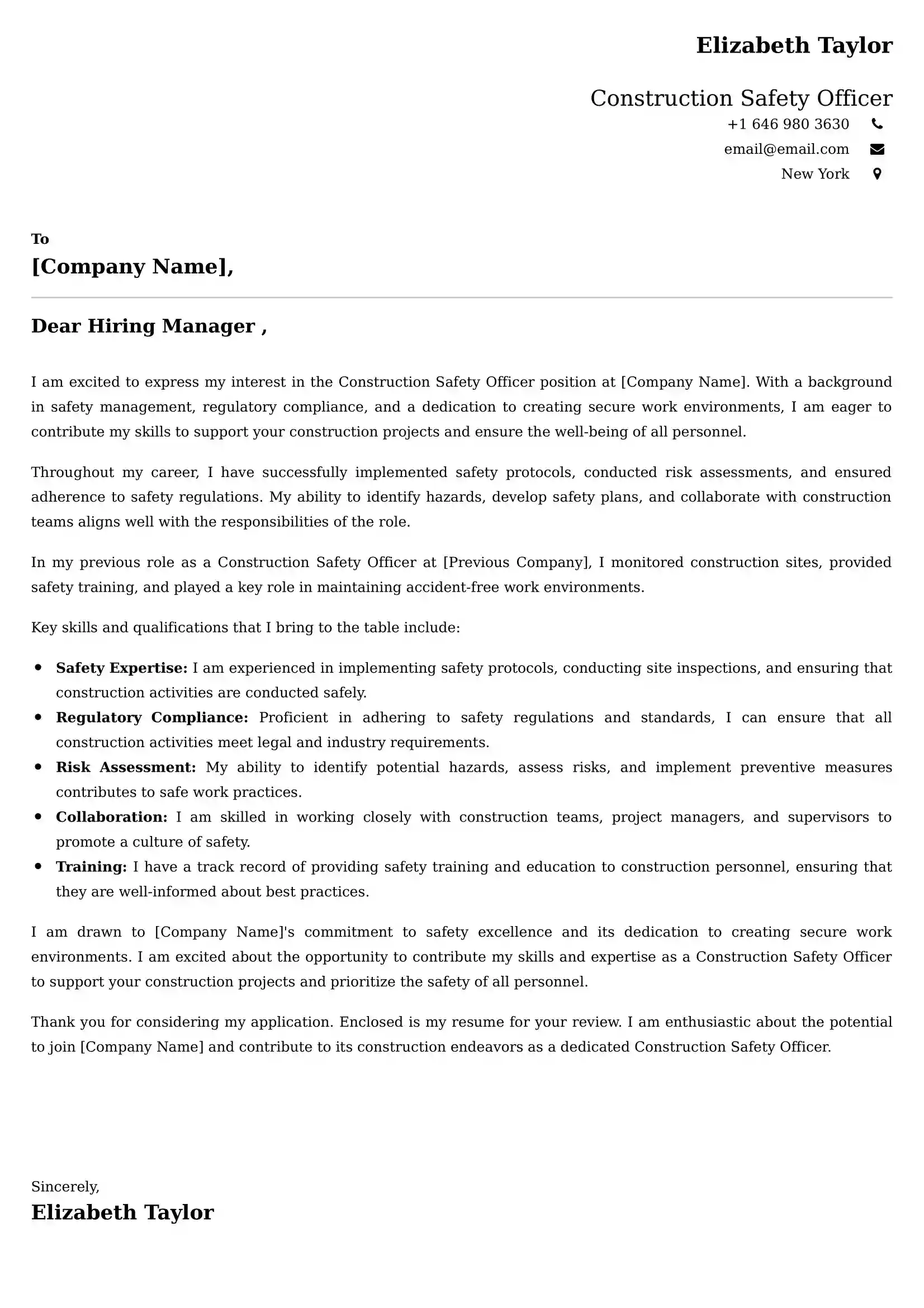 Construction Safety Officer Cover Letter Examples -Latest Brazilian Templates