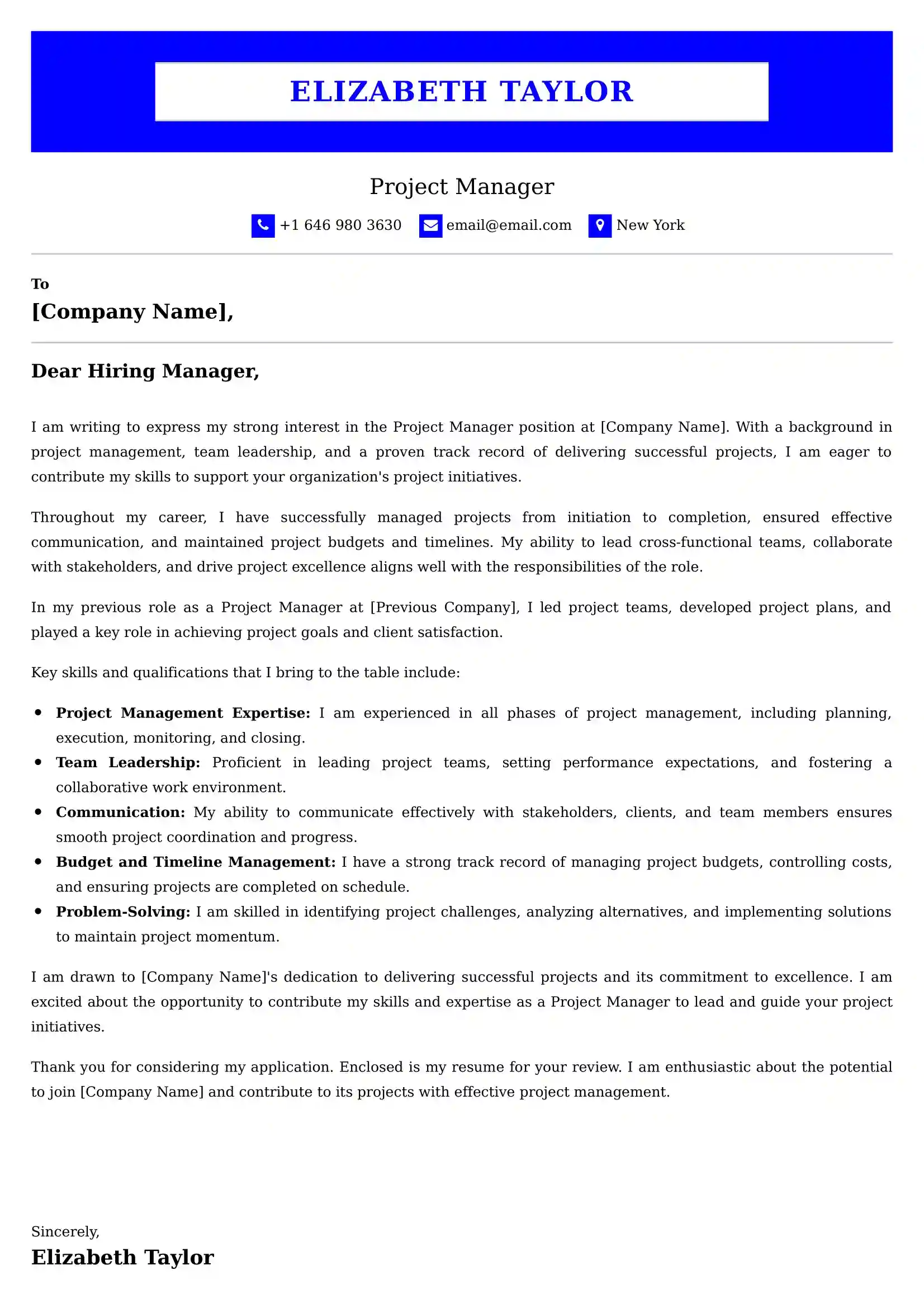 Project Manager Cover Letter Examples -Latest Brazilian Templates