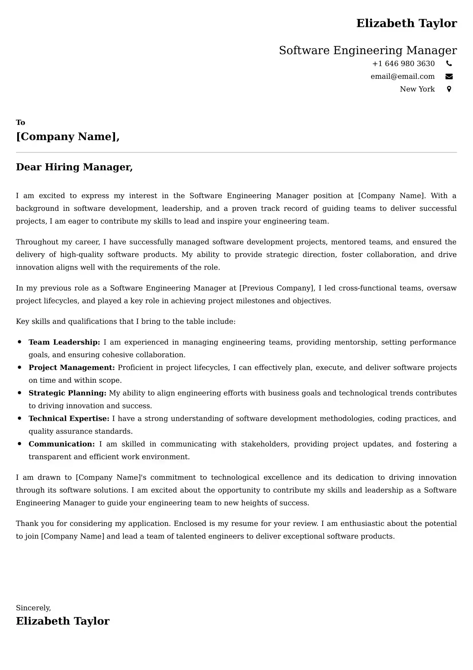 Software Engineering Manager Cover Letter Examples -Latest Brazilian Templates