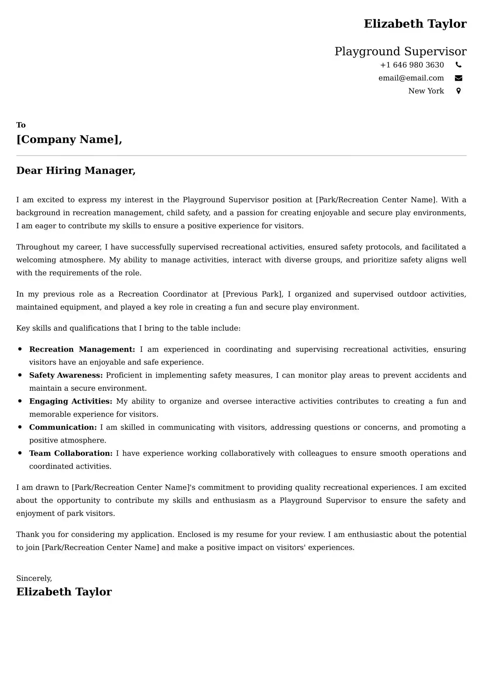 Playground Supervisor Cover Letter Examples -Latest Brazilian Templates
