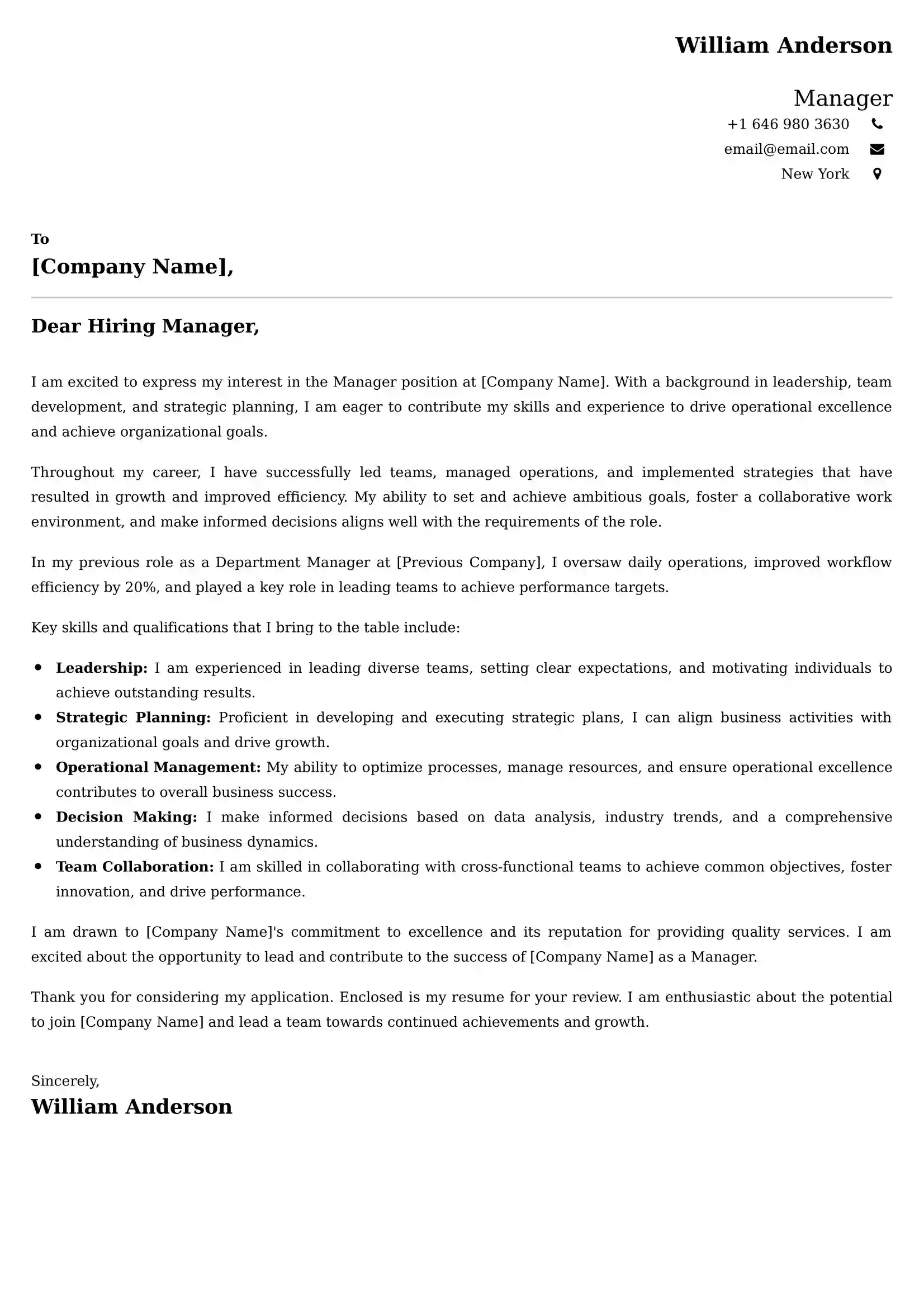 Manager Cover Letter Examples -Latest Brazilian Templates