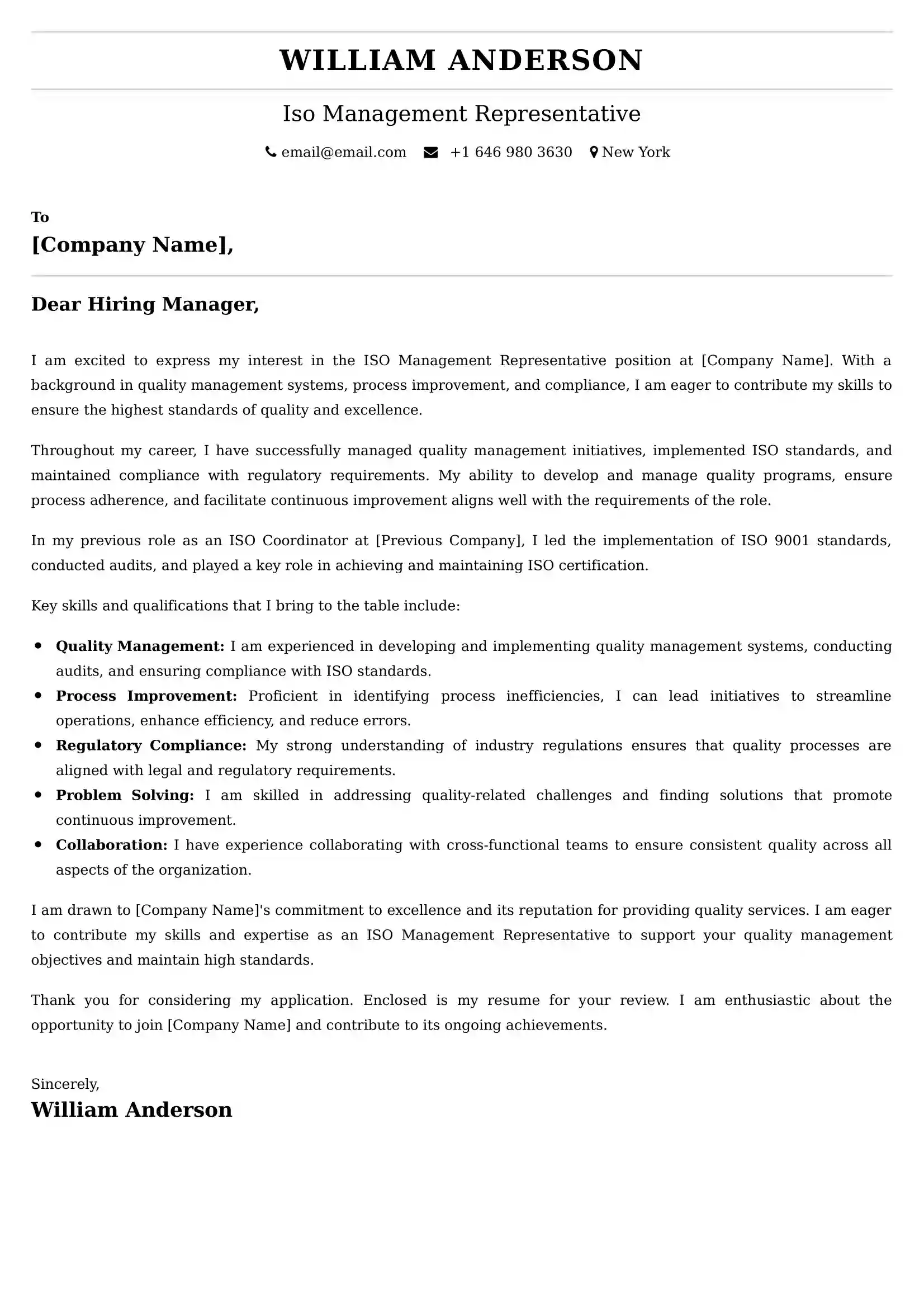 Iso Management Representative Cover Letter Examples -Latest Brazilian Templates