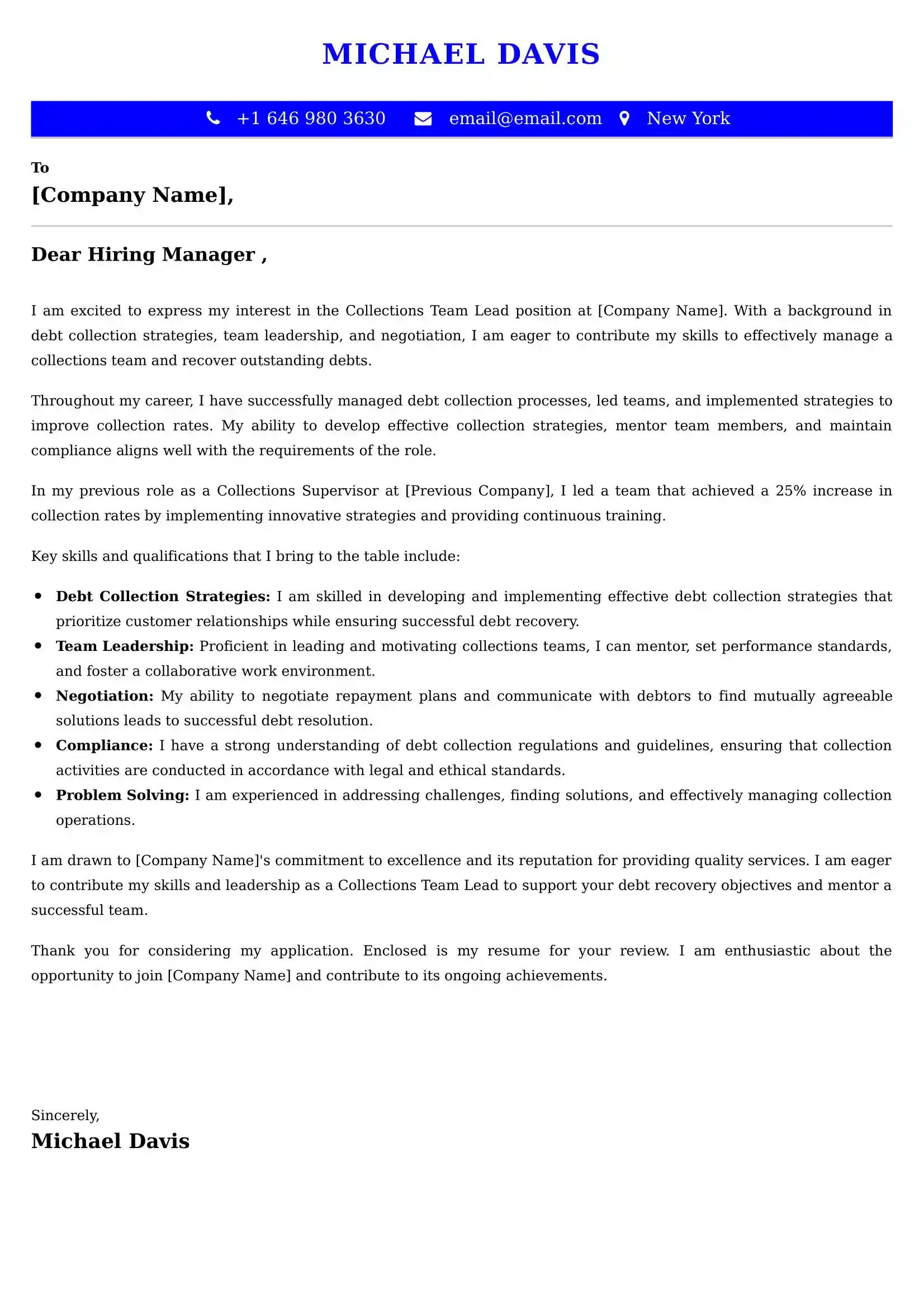Collections Team Lead Cover Letter Examples -Latest Brazilian Templates