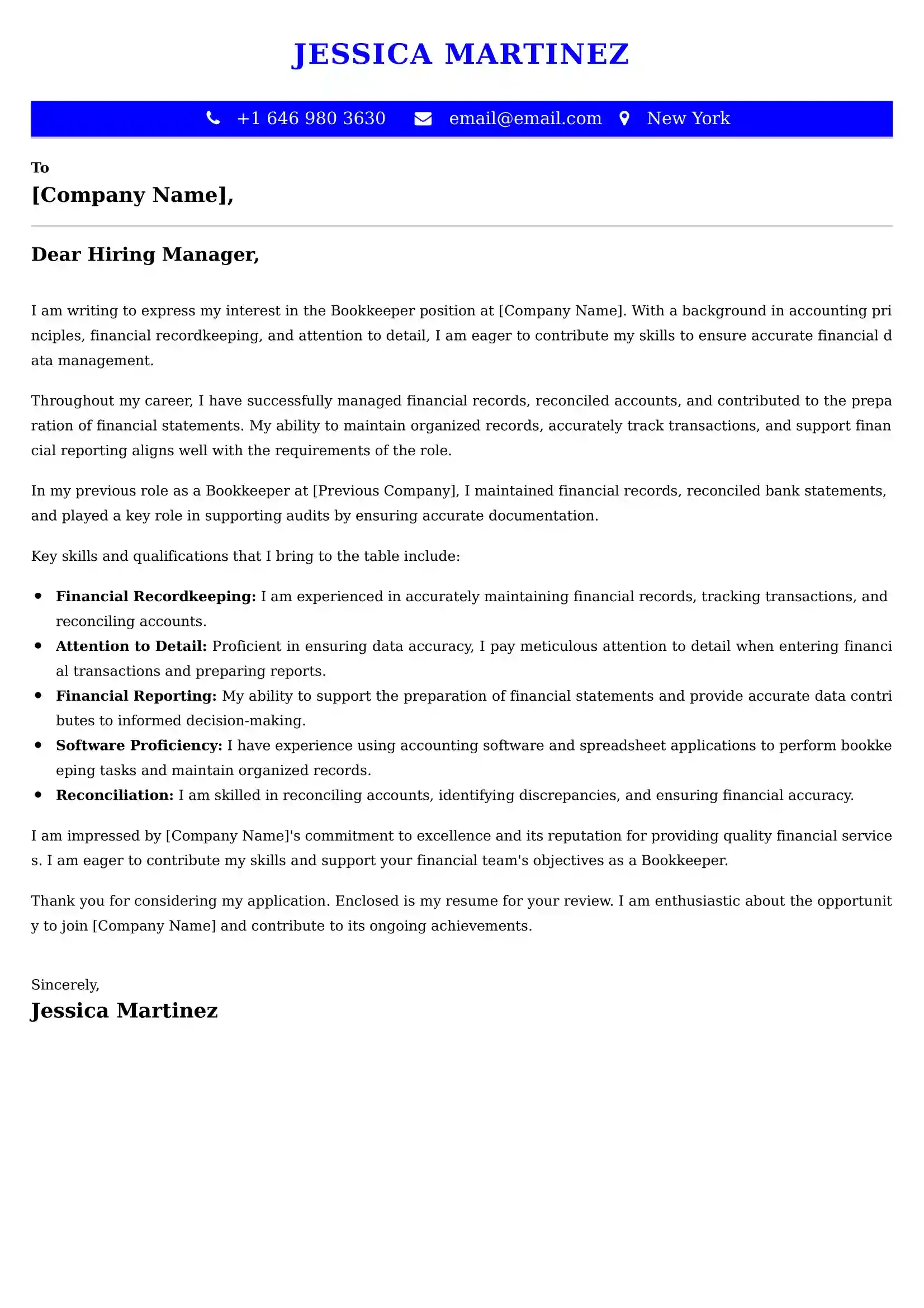 Bookkeeper Cover Letter Examples -Latest Brazilian Templates