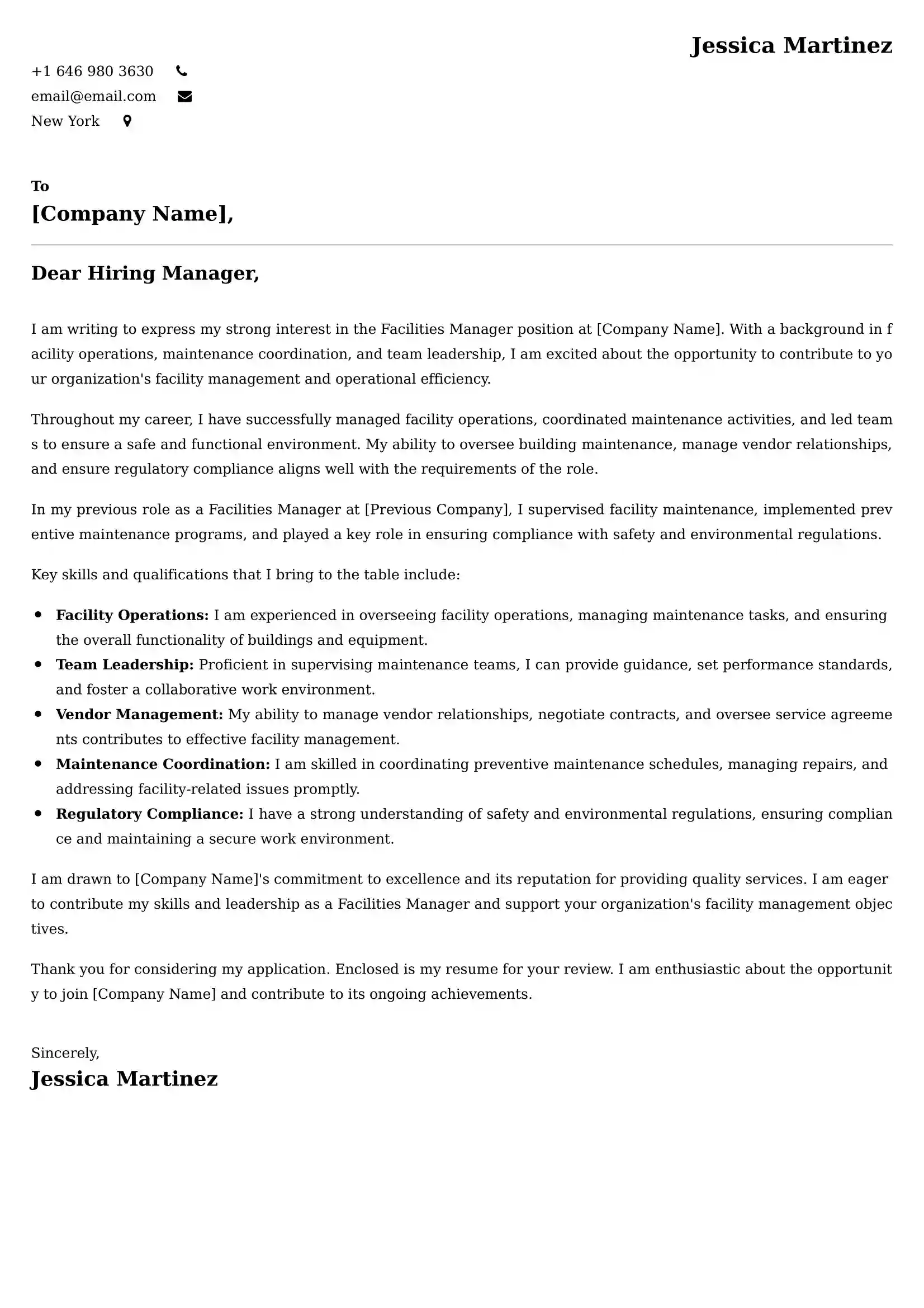 Facilities Manager Cover Letter Examples -Latest Brazilian Templates