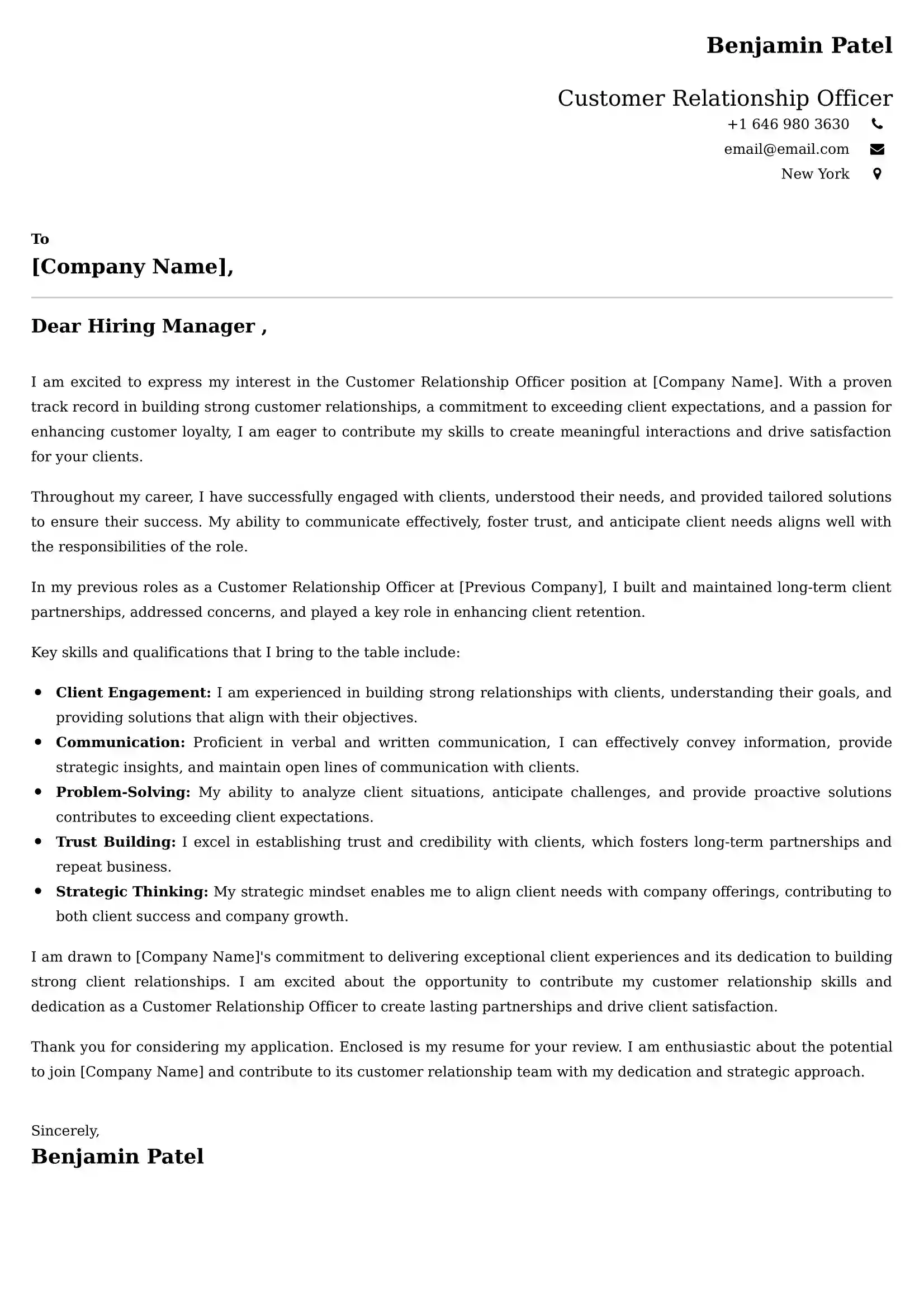 Customer Relationship Officer Cover Letter Examples -Latest Brazilian Templates