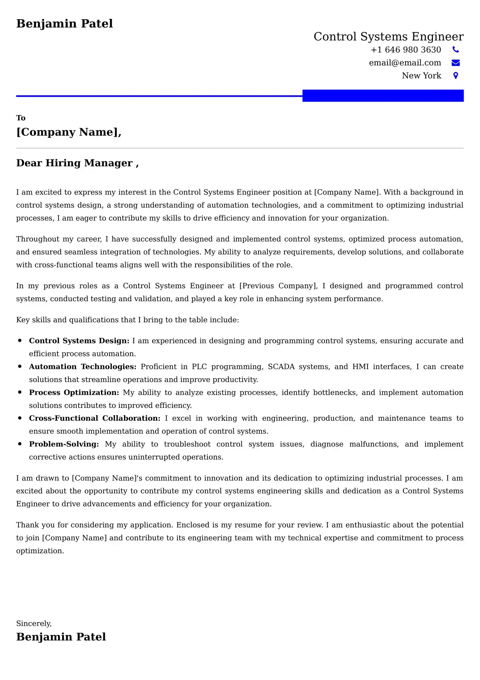Control Systems Engineer Cover Letter Examples -Latest Brazilian Templates