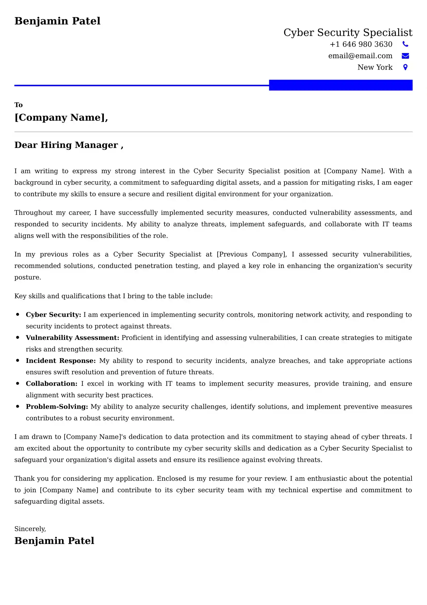 Cyber Security Specialist Cover Letter Examples -Latest Brazilian Templates