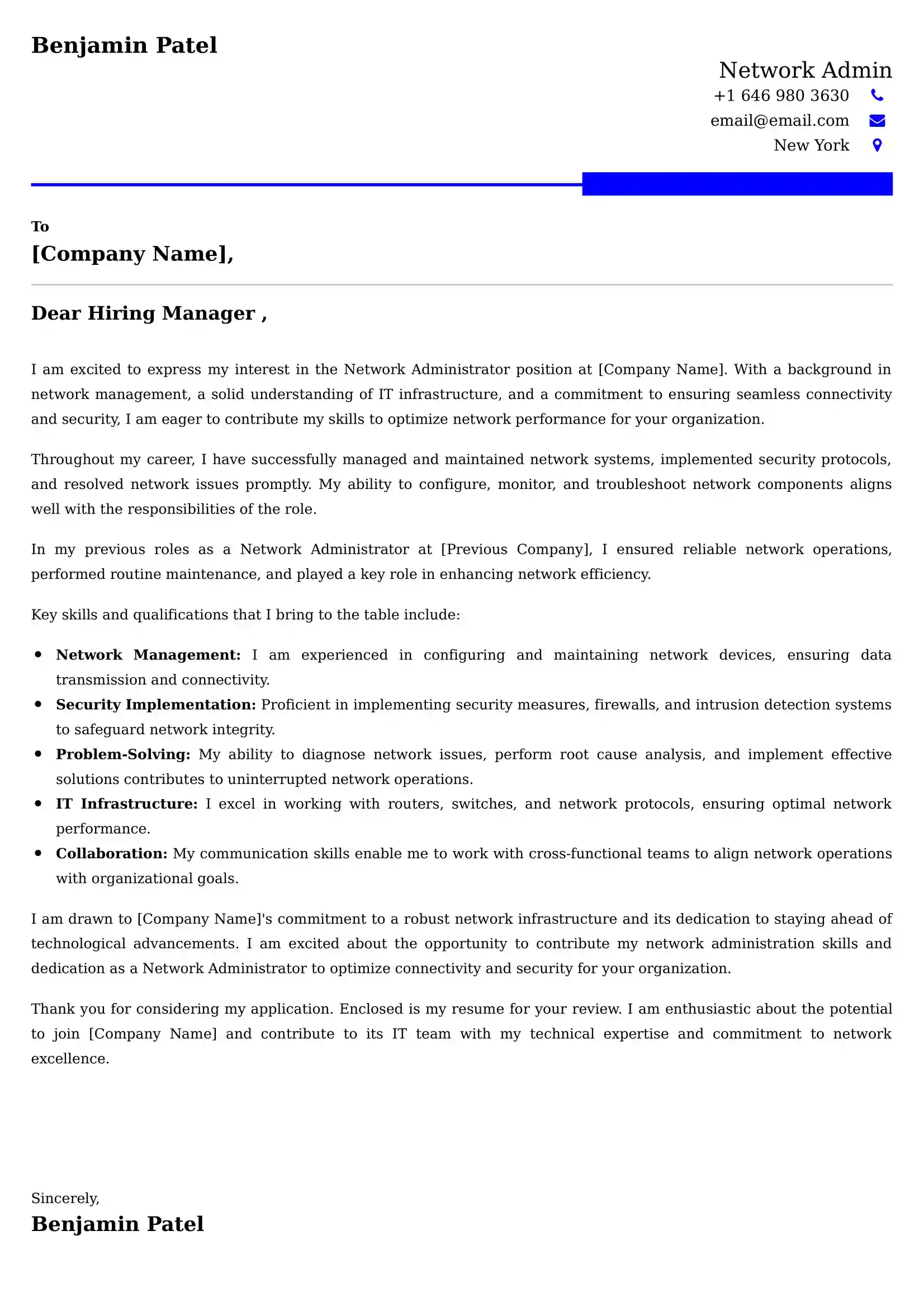 Network Admin Cover Letter Examples -Latest Brazilian Templates