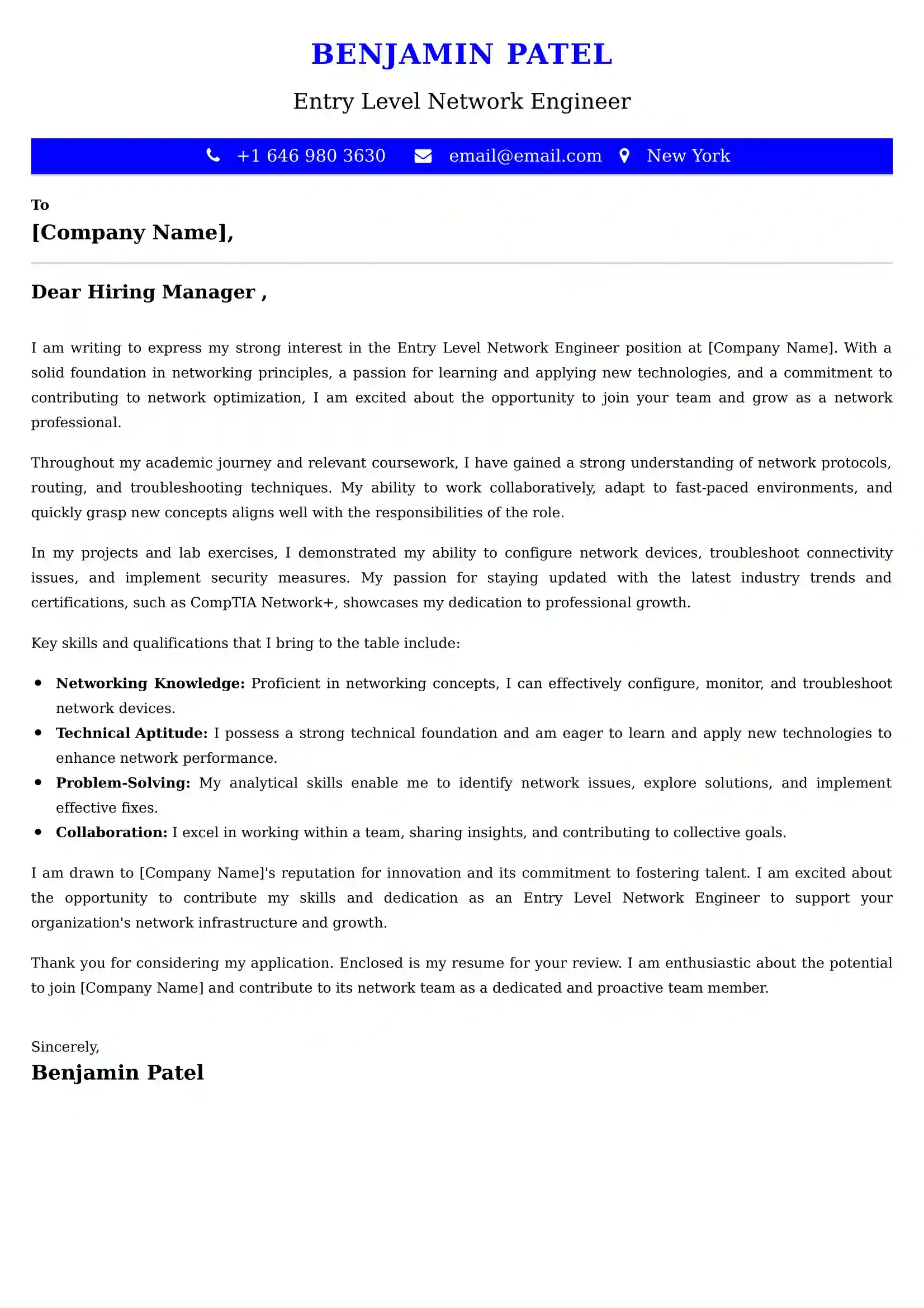 Entry Level Network Engineer Cover Letter Examples -Latest Brazilian Templates