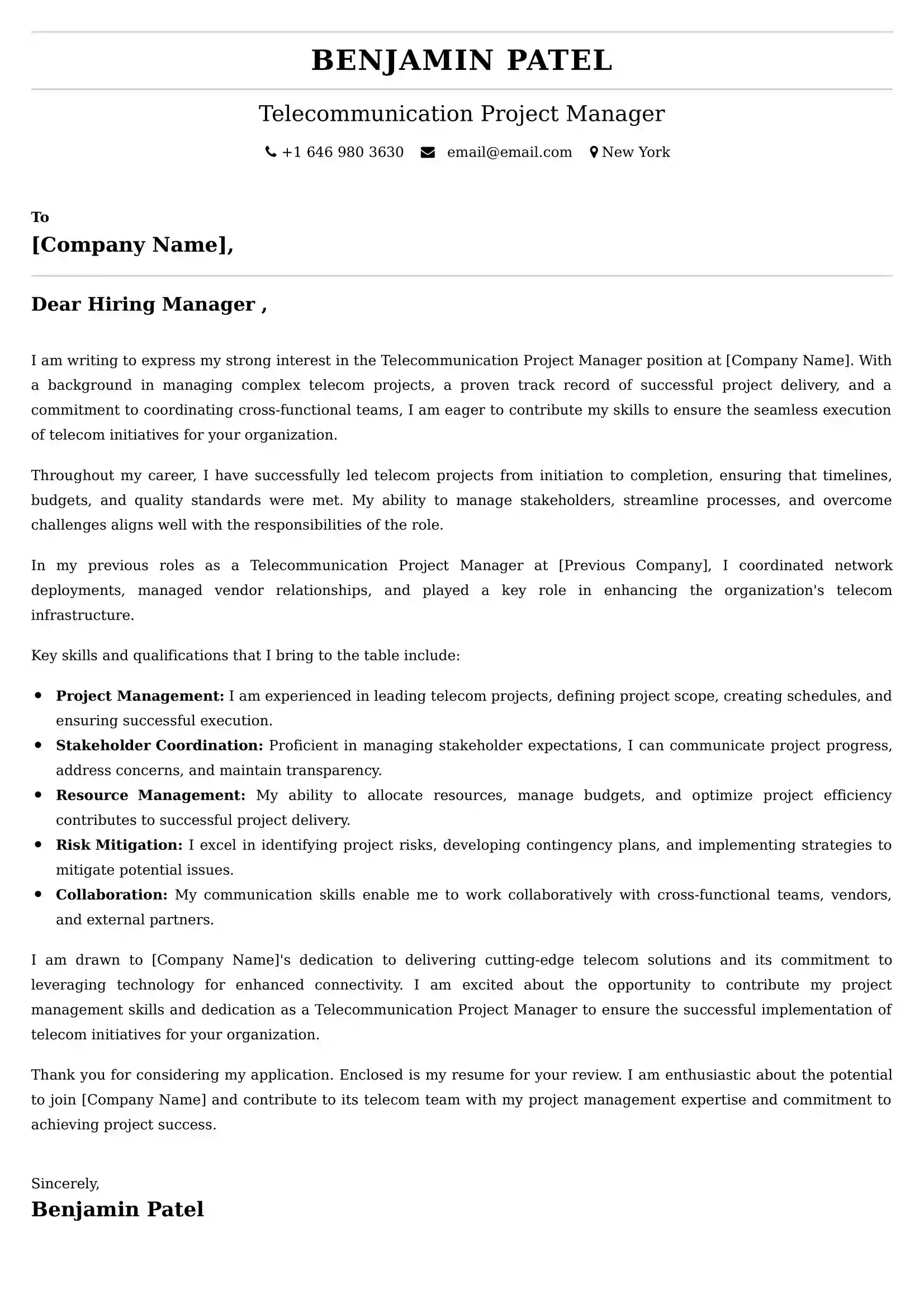 Telecommunication Project Manager Cover Letter Examples -Latest Brazilian Templates