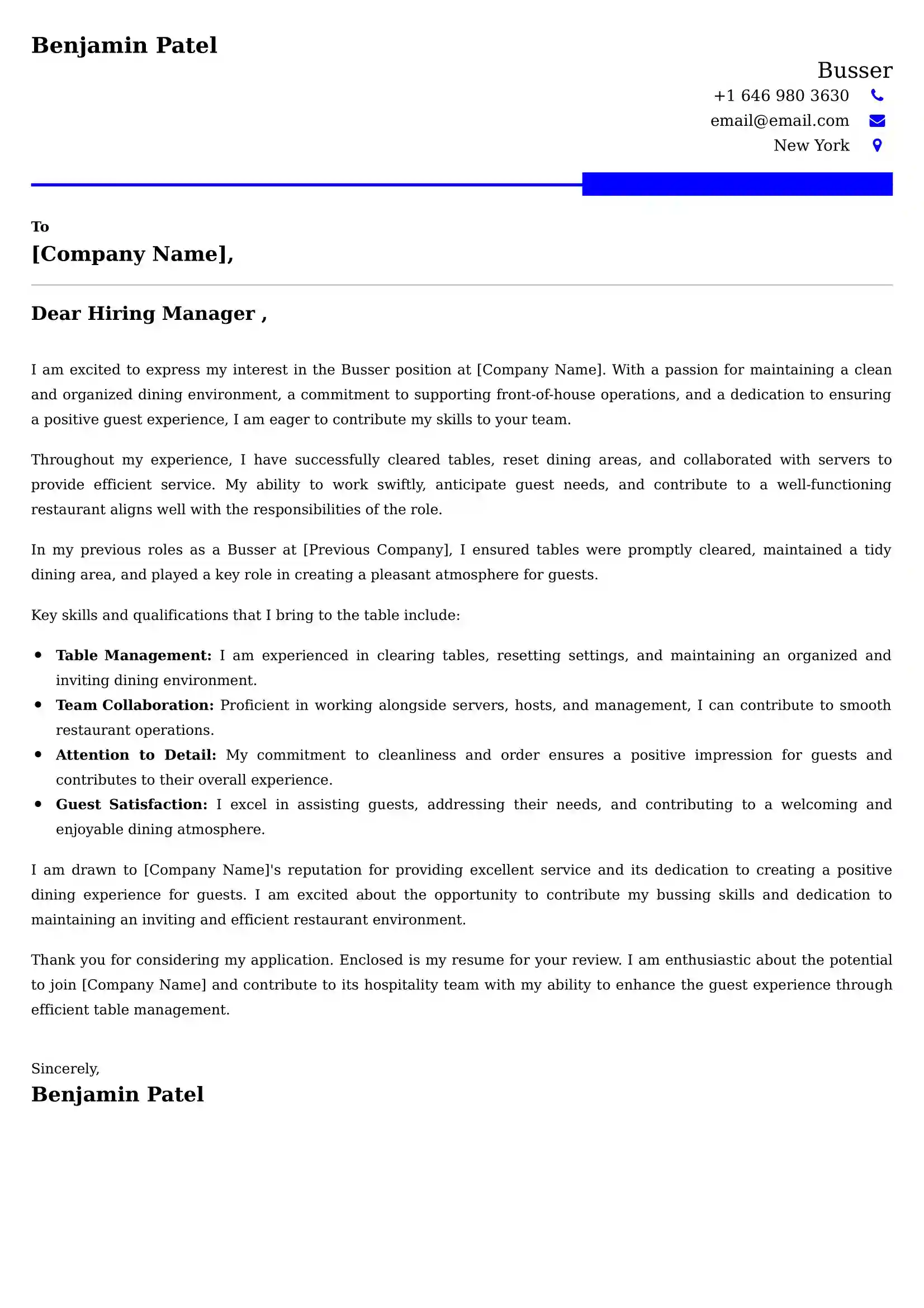 Busser Cover Letter Examples -Latest Brazilian Templates