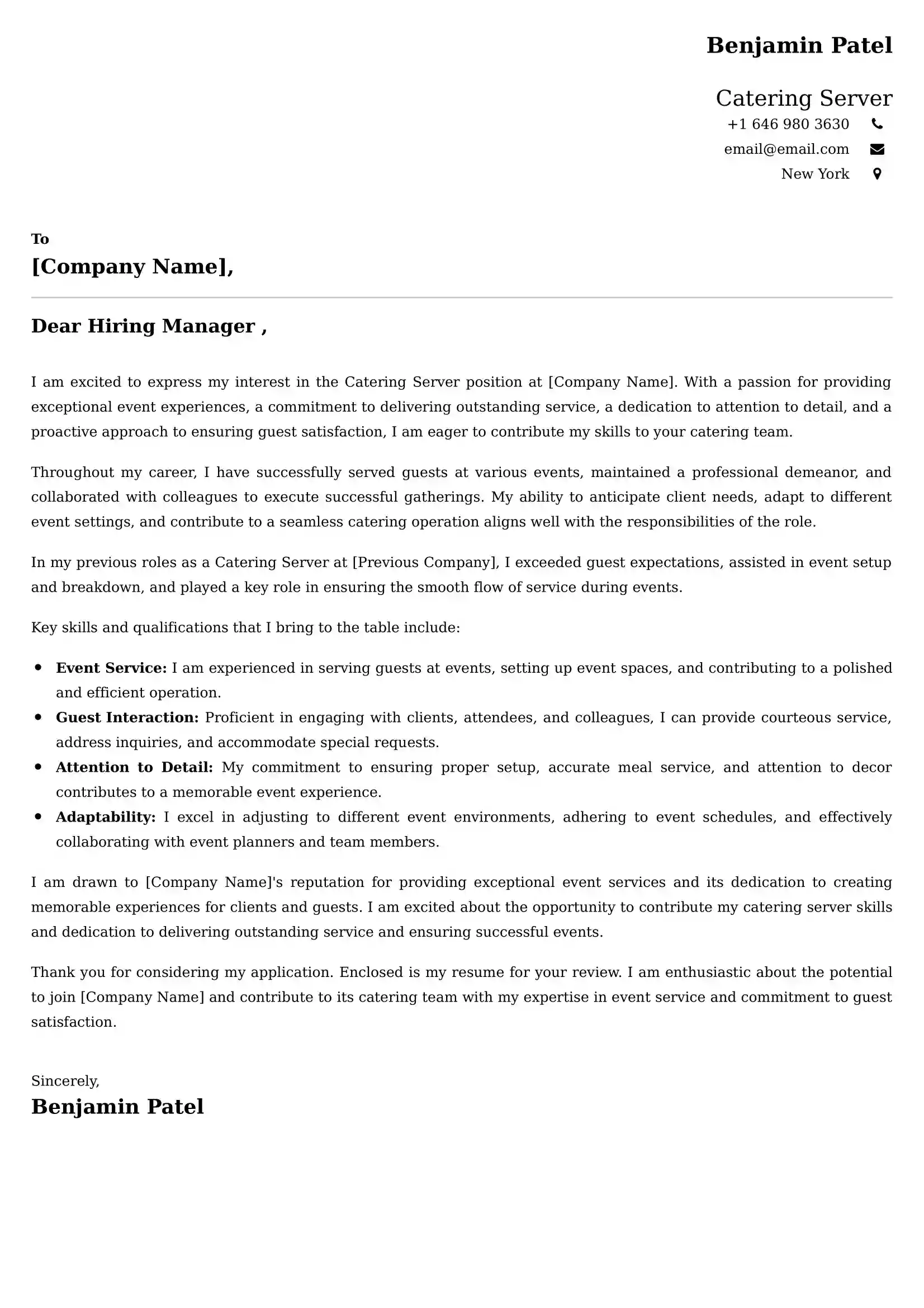 Catering Server Cover Letter Examples -Latest Brazilian Templates