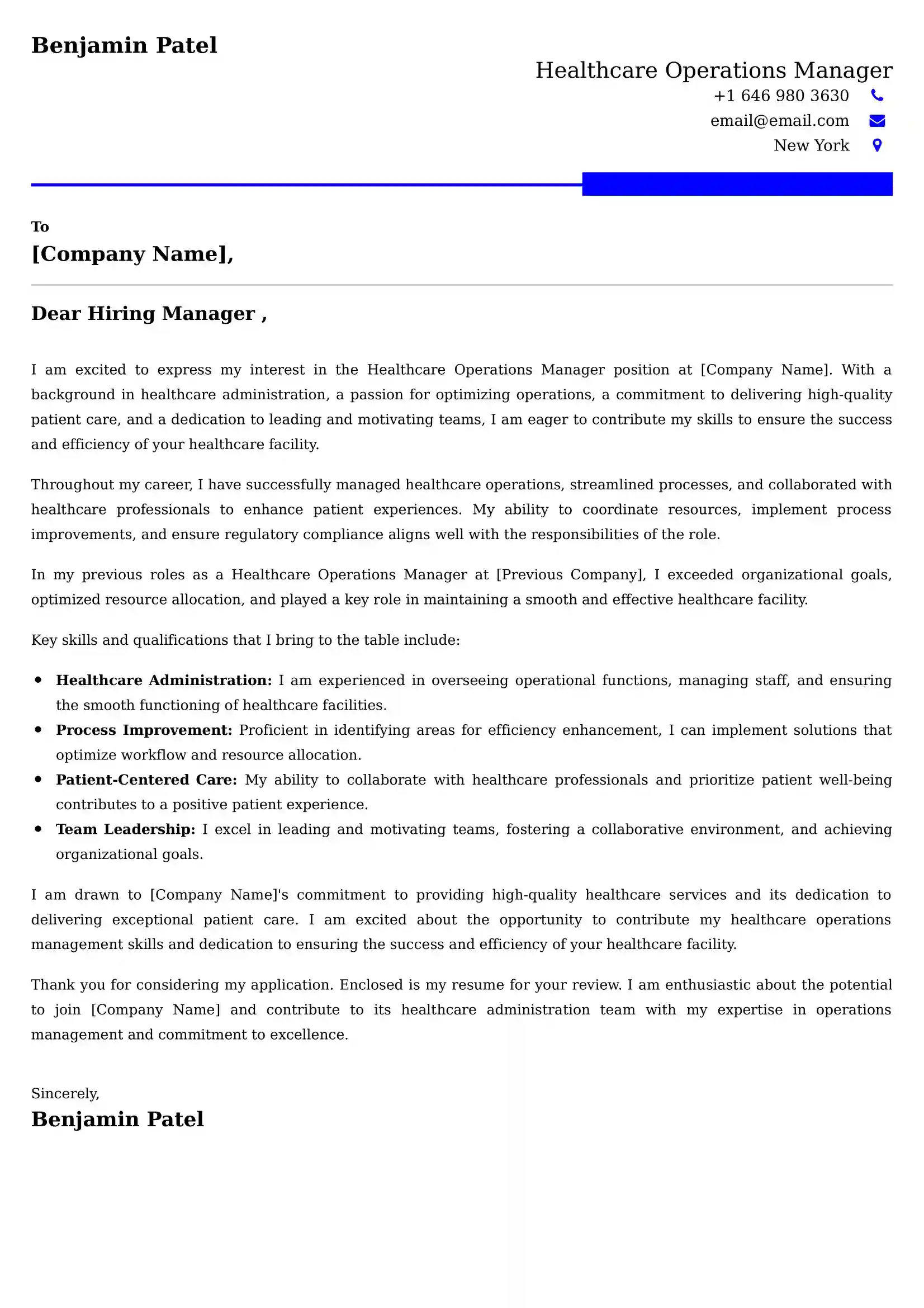 Healthcare Operations Manager Cover Letter Examples -Latest Brazilian Templates