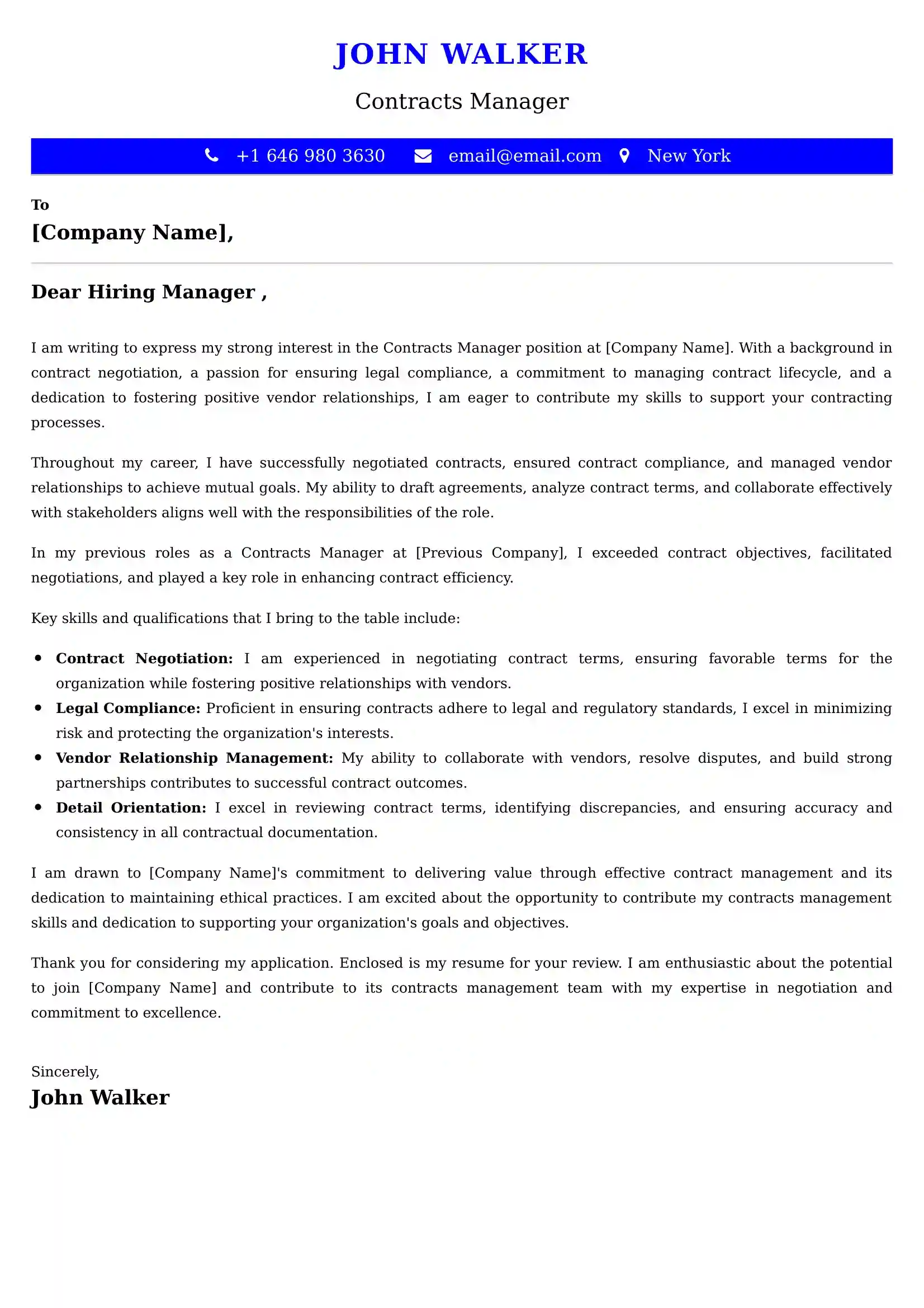 Contracts Manager Cover Letter Examples -Latest Brazilian Templates