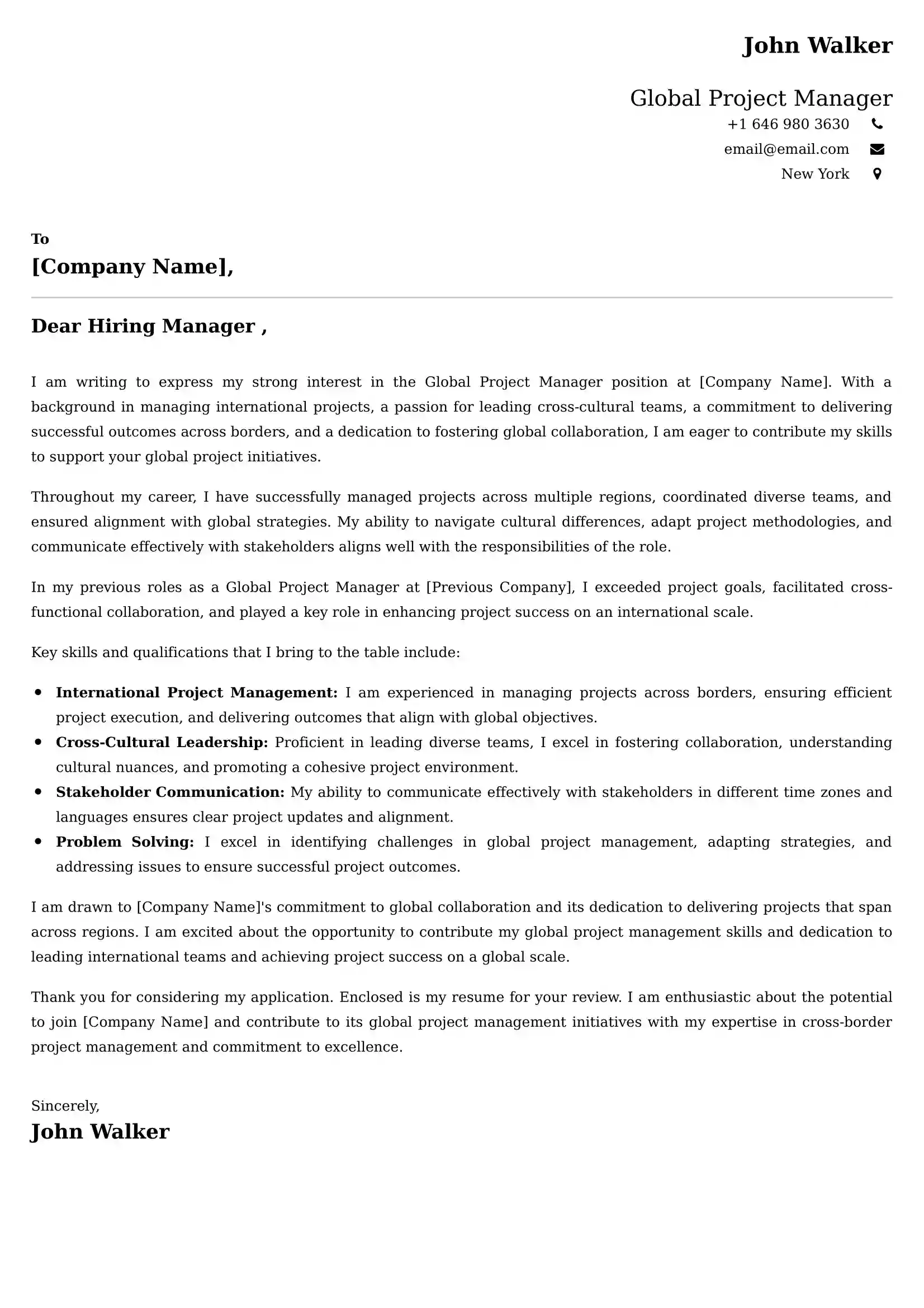 Global Project Manager Cover Letter Examples -Latest Brazilian Templates